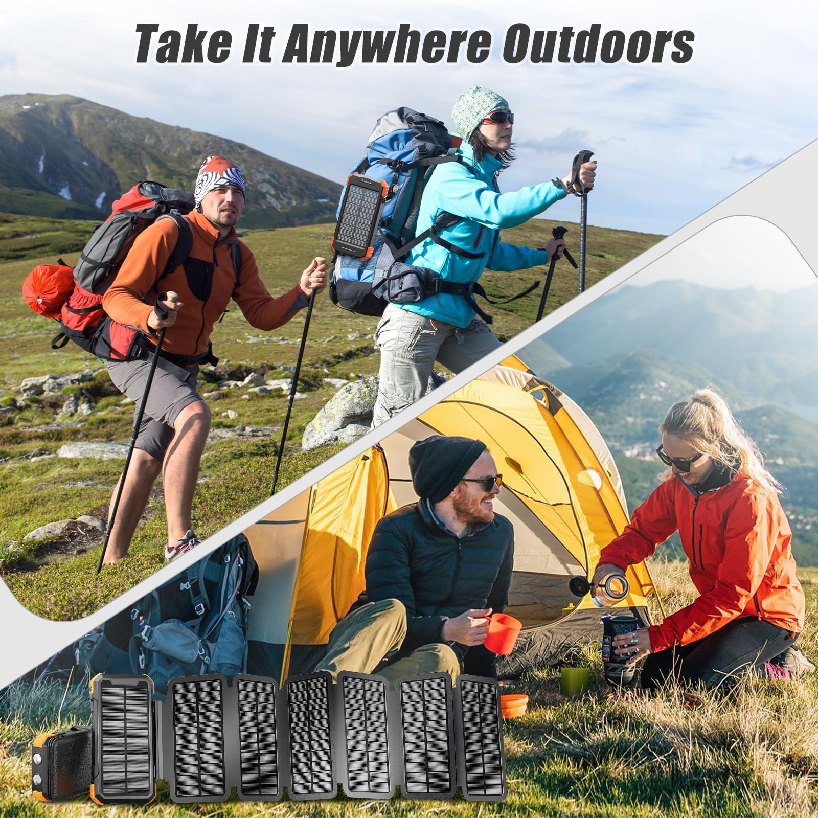 Super Power Bank Solar, Sestuplo Wireless 20000 mAh + LED Ad Alta Intensità + 3 Porte di Ricarica Rapida 22,5 W | Caricatore Solare | Caricatore Portatile | Batteria Solare