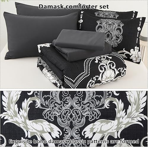 Miniatura 4 de Mybedsoul Juego de edredón tamaño King, 7 piezas de cama bohemia en una bolsa para cama King, juego de edredón de damasco negro con sábana, fundas