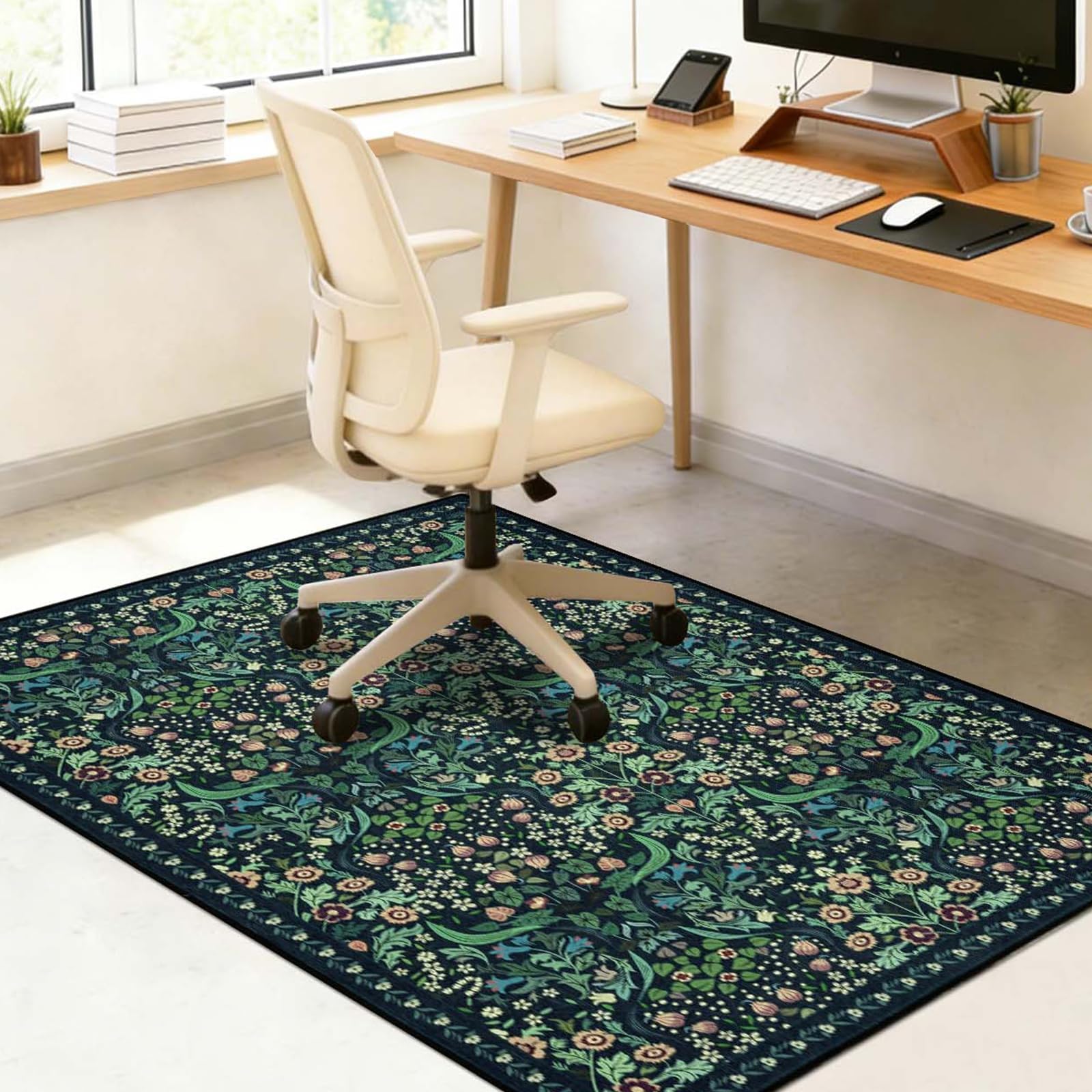 Famibay Office Chair Mat for Hardwood Floor 90x120cm Dark Green Chair Floor Protection Mat Non Slip Computer Desk Chair Mat for Hard Floor Rubber Mats for Home Office Chair Washable Vintage Floral
