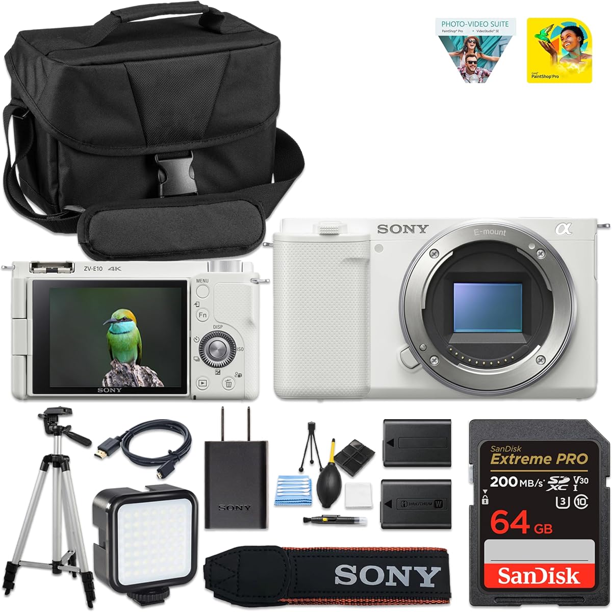 Cámara Vlog Sony Alpha ZV-E10 (solo cuerpo) (blanca) | Sensor APS-C | Herramienta de creación compacta, sensor APS-C de 24,2 MP, vídeo 4K, pantalla de ángulo variable + batería adicional de repuesto + tarjeta de 64 GB + estuche para cámara