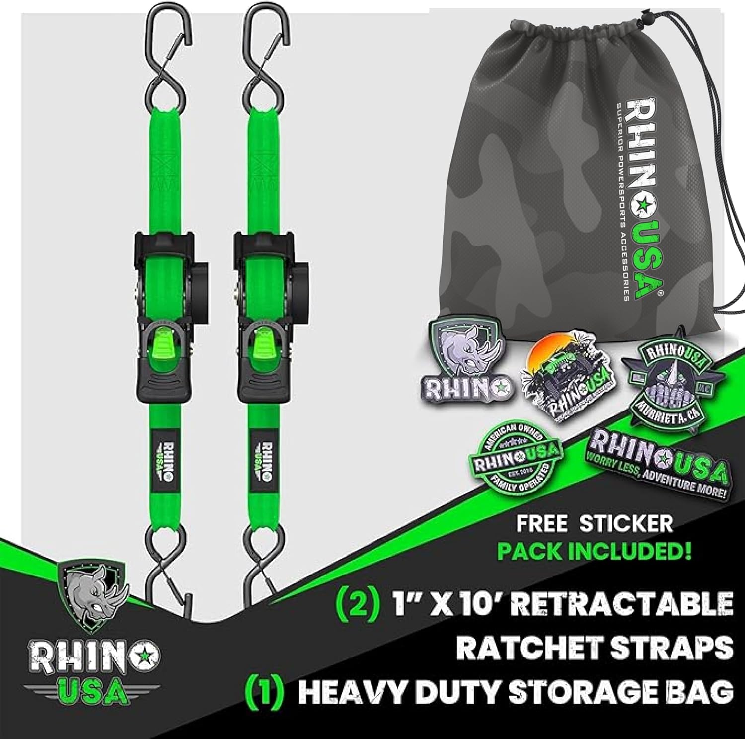 Rhino USA Retractable Ratchet Straps (2-Pack) - 1 Inch x 10 Feet (1,209lb Break Strength) - Auto Self Retracting Tie Down Straps for Truck, Cargo Trailer, Motorcycle, ATV, UTV - Green - Image 6