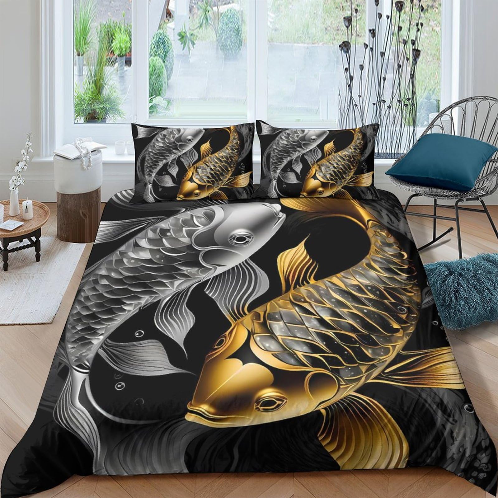 Ctjqhvkz Style-2 3D Printed Gold Black Koi Yin Yang Fitted Sheet Microfiber Soft Anti-Slip Bed Cover For Bedroom Dorm Mattress Decor Single（135X200cm）