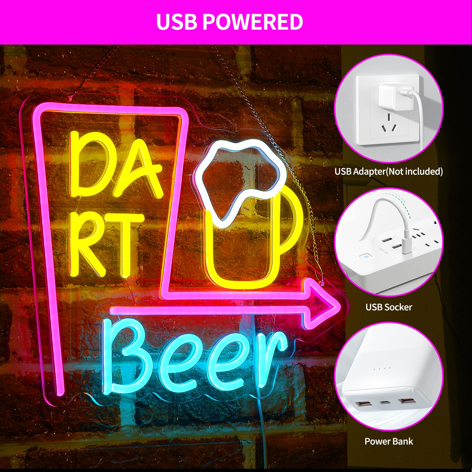 Rdutuok Darts Neon Sign Dart Beer Signs Darts Light Neon Gaming Sign Dartboard Neon Sign Darts Bar Neon Light for Wall Decor Game Room Darts Club Home Bar Pub Party USB Powered - Image 2