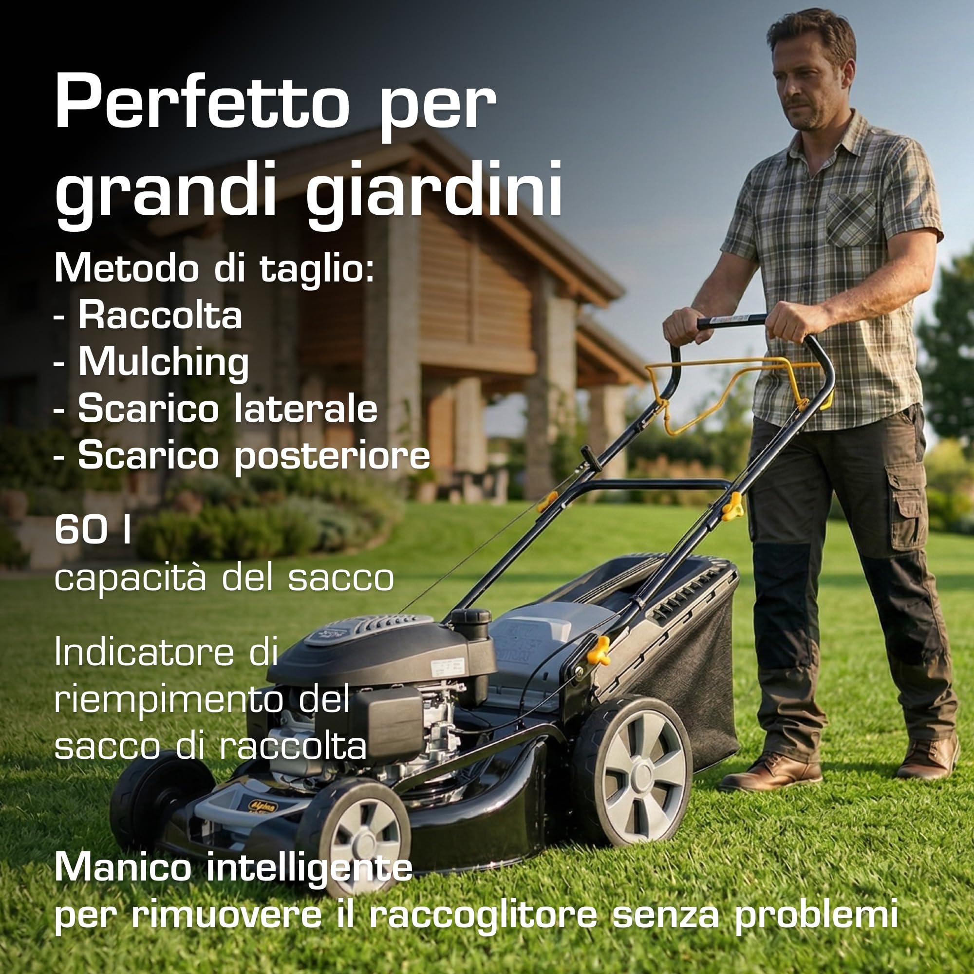 Alpina AL5 51 SHQ Tagliaerba A Scoppio Semovente, 166 cc, 51 cm – Sacco 60 l, Mulching – Prati fino a 1.800 m²