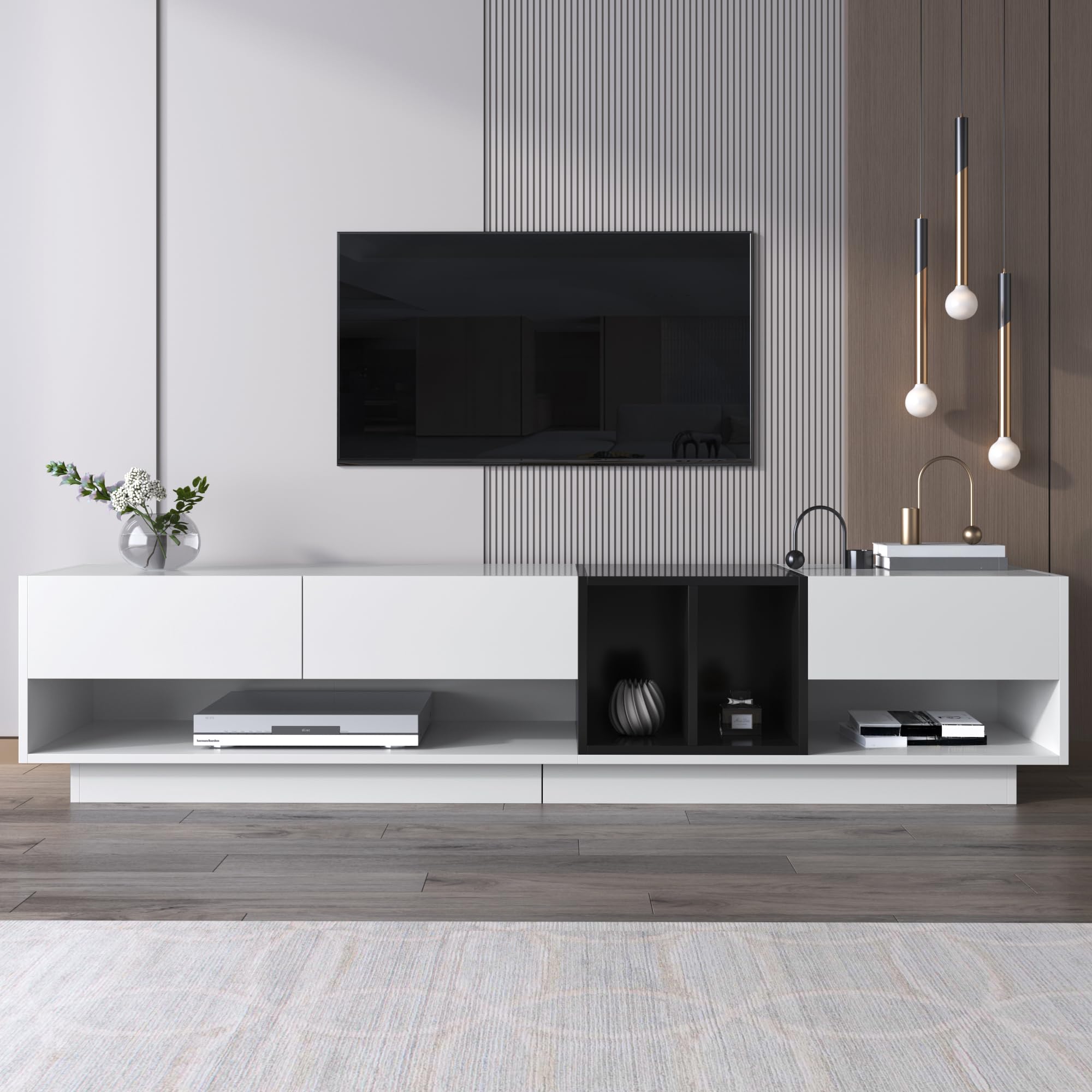 szafka pod telewizor 190 cm wysoki połysk biały i czarny, stolik pod telewizor z 2 otwartymi półkami i 3 szufladami, kredens salon w kolorze bloku design do telewizora 50-59 cali