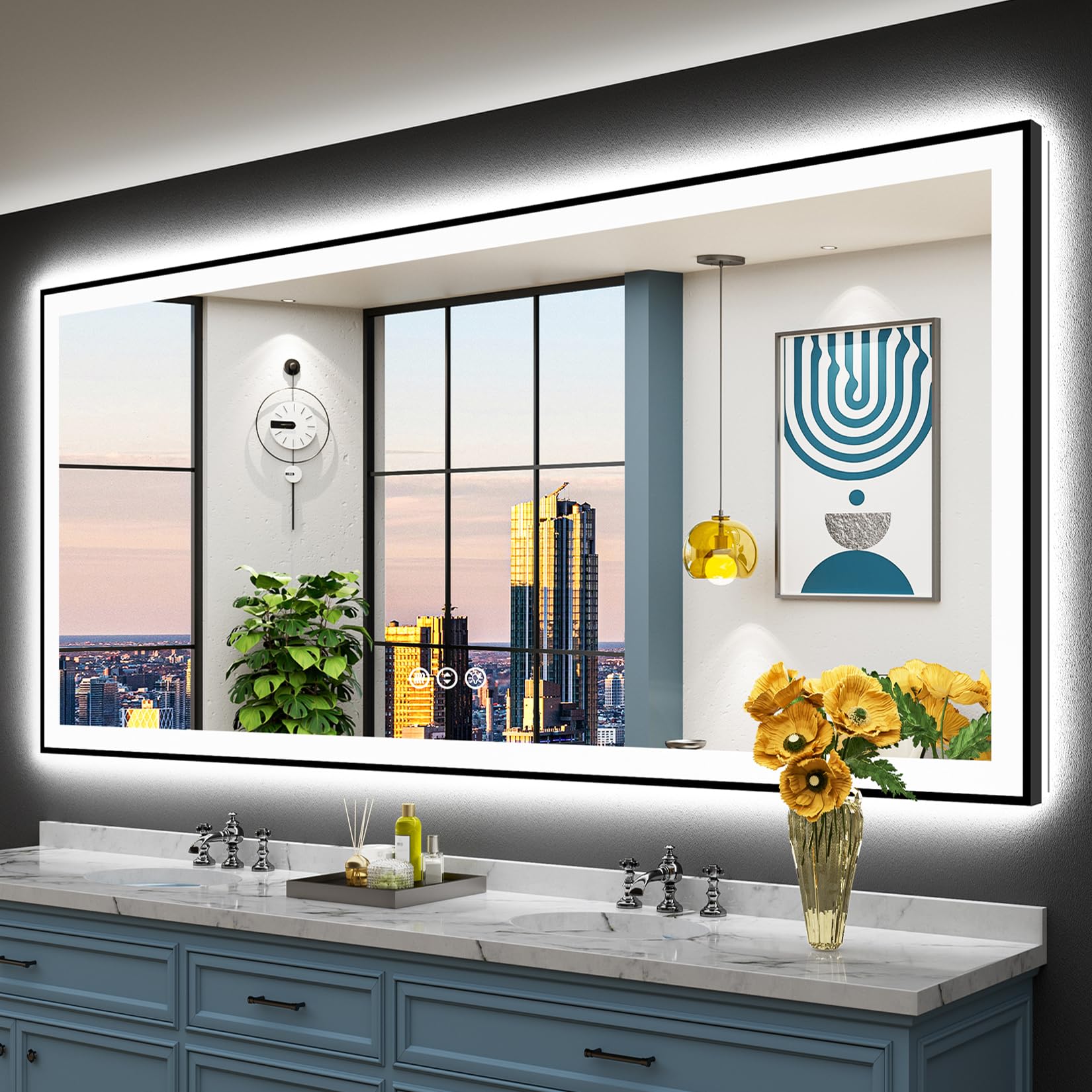 88x38 Black Framed LED Bathroom Mirror Backlit &amp; Front Lit Anti-Fog | Lighted Vanity Mirror, Dimmable 3-Color Light, Memory, CRI95, Tempered Glass, IP54 Waterproof, UL Listed, Horizontal/Vertical