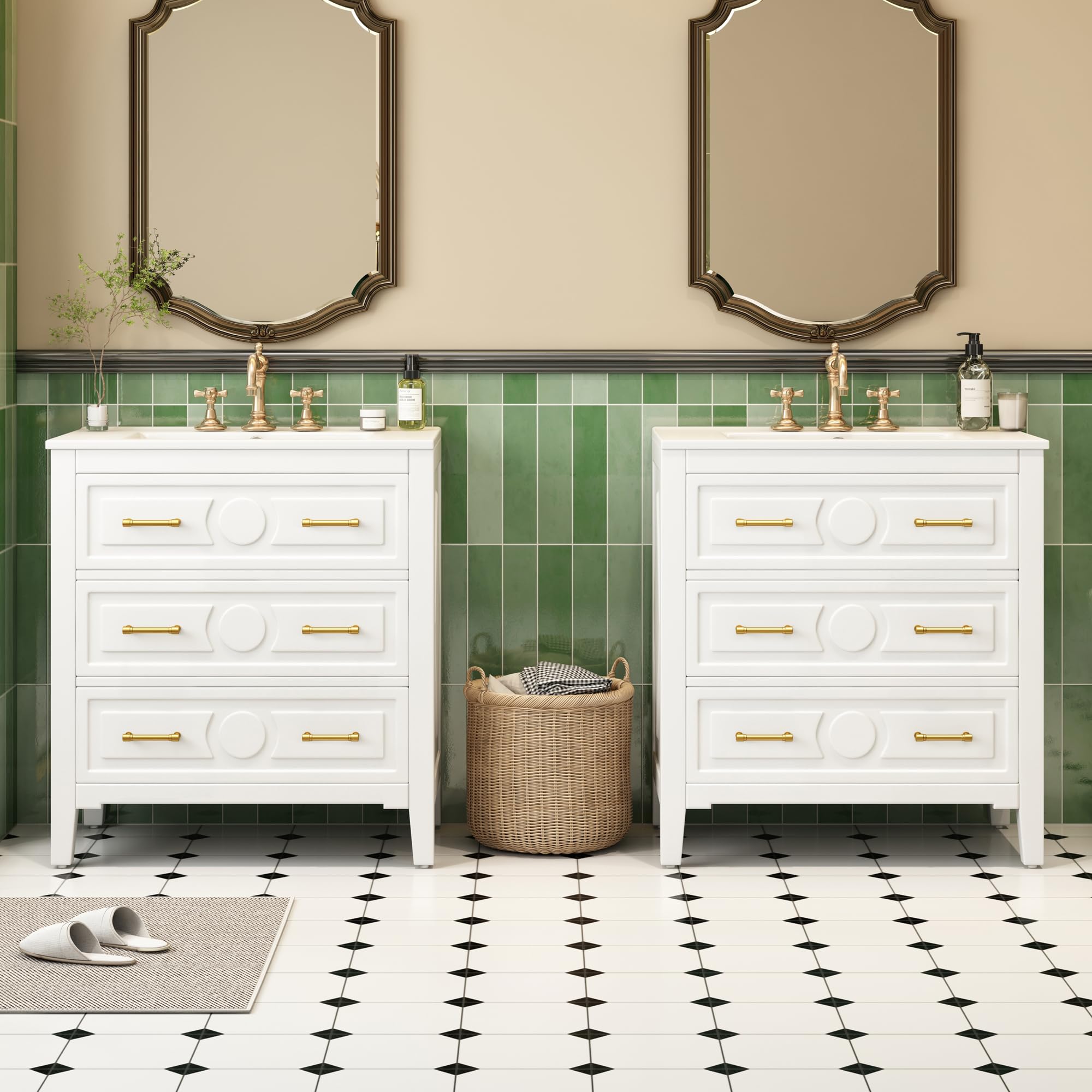 BROVAVE 60" Carved Solid Wood Lavatory Vanity Set, Bathrooms Cabinet of Sink with Pre-drilled 3-Hole, Bathroom Cabinet with 3 Drawers for Bathroom Organization, White