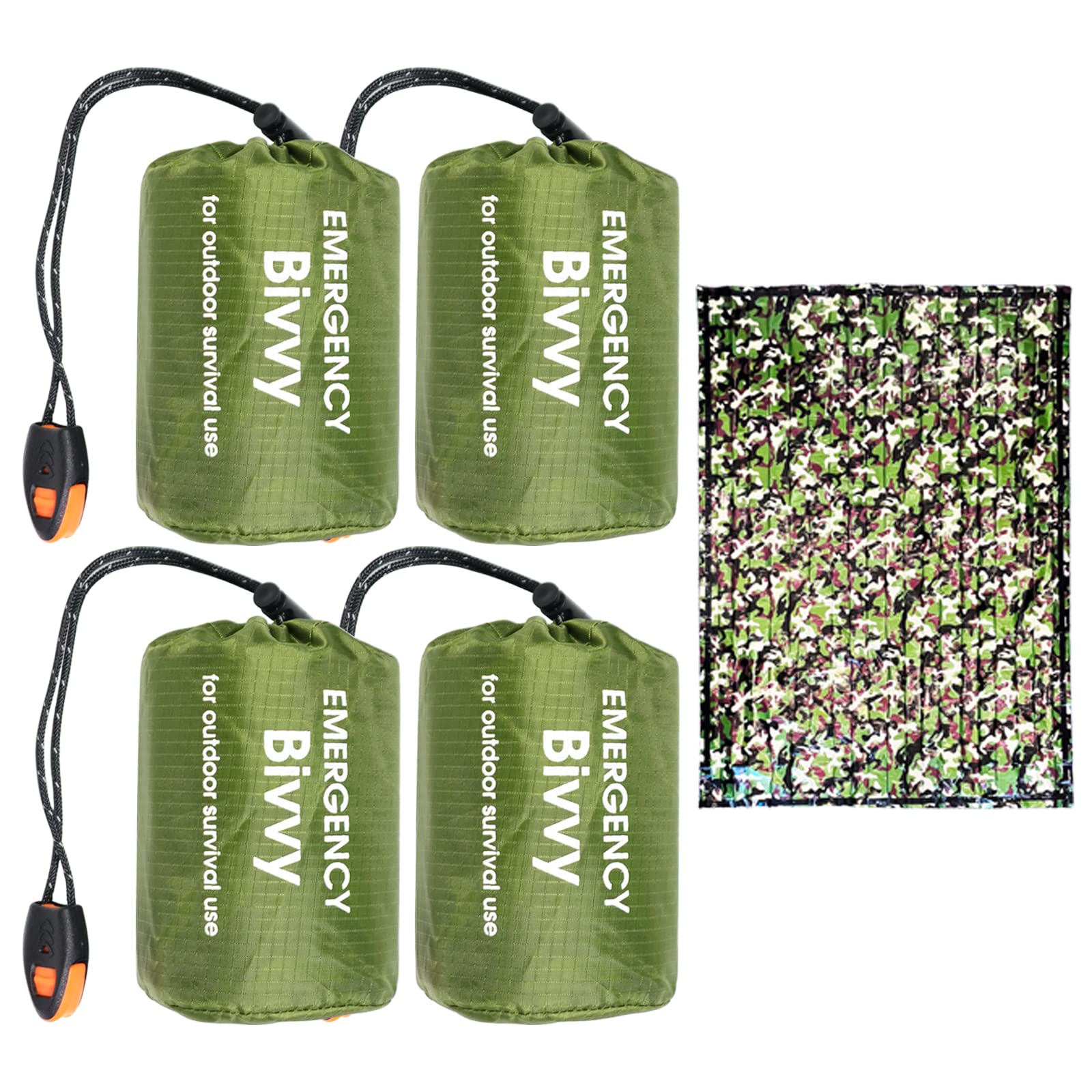 4 Pack Camo Emergency Sleeping Bags Survival Bivvy Sack with Whistles, Lightweight Portable Survival Gear for Outdoor Camping Hiking Keep Warm After Disasters (2PERSON)