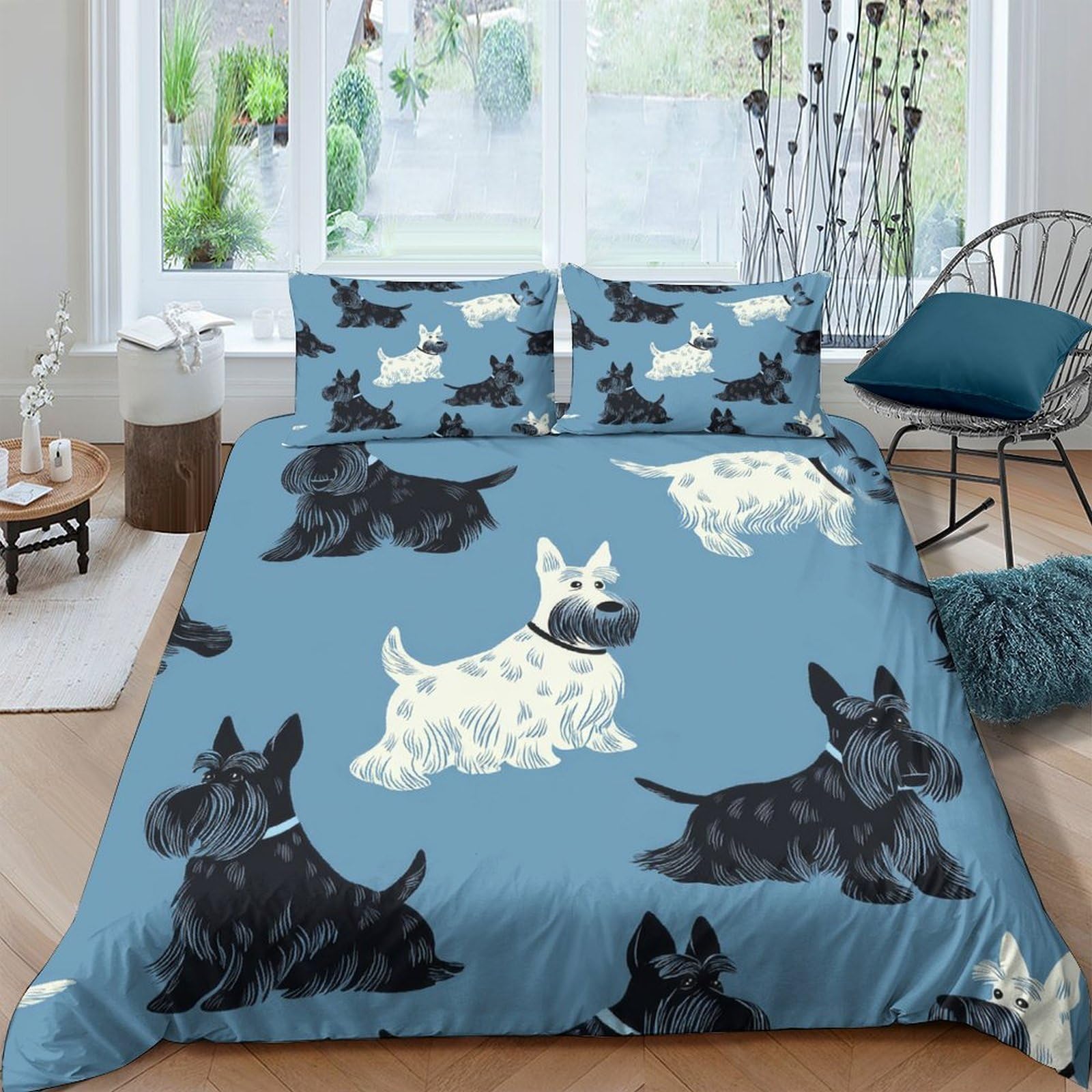 Ctjqhvkz Style-3 3D Printed Scottish Terrier Fitted Sheet Microfiber Soft Blue Dog Pattern Bed Cover For Bedroom Guest Room Decor Single（135X200cm）