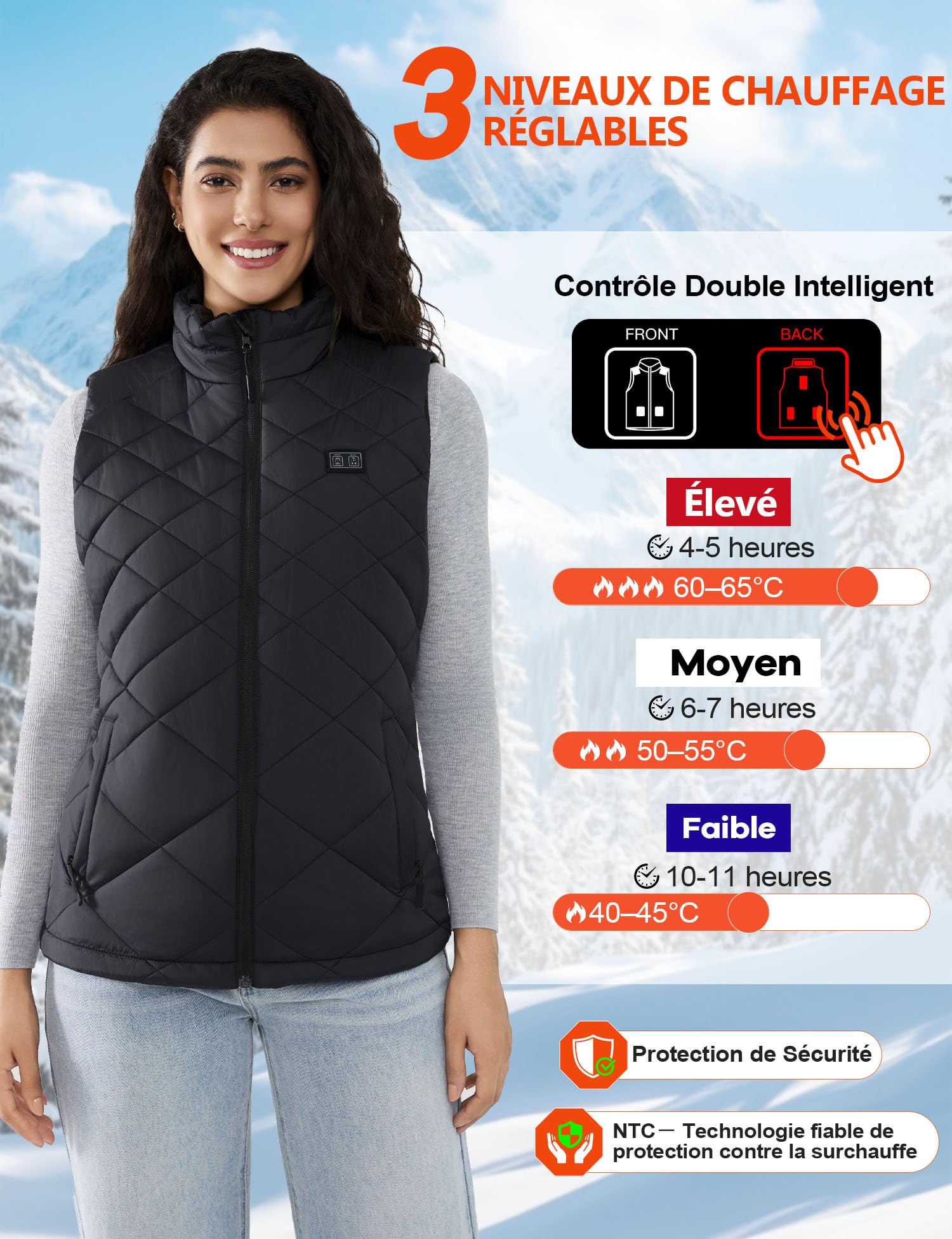 Gilet Chauffant Femme avec Batterie 18400mAh 7.4V – Jusqu’à 11h de Chaleur, Lavable en Machine, Veste Chauffante Léger Déperlant pour Hiver