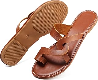 Chaoslook Women's Flat Sandals Casual Summer Sandals Dress Fashion Round Open Flip Flop Thong Sandals Brown Size 10