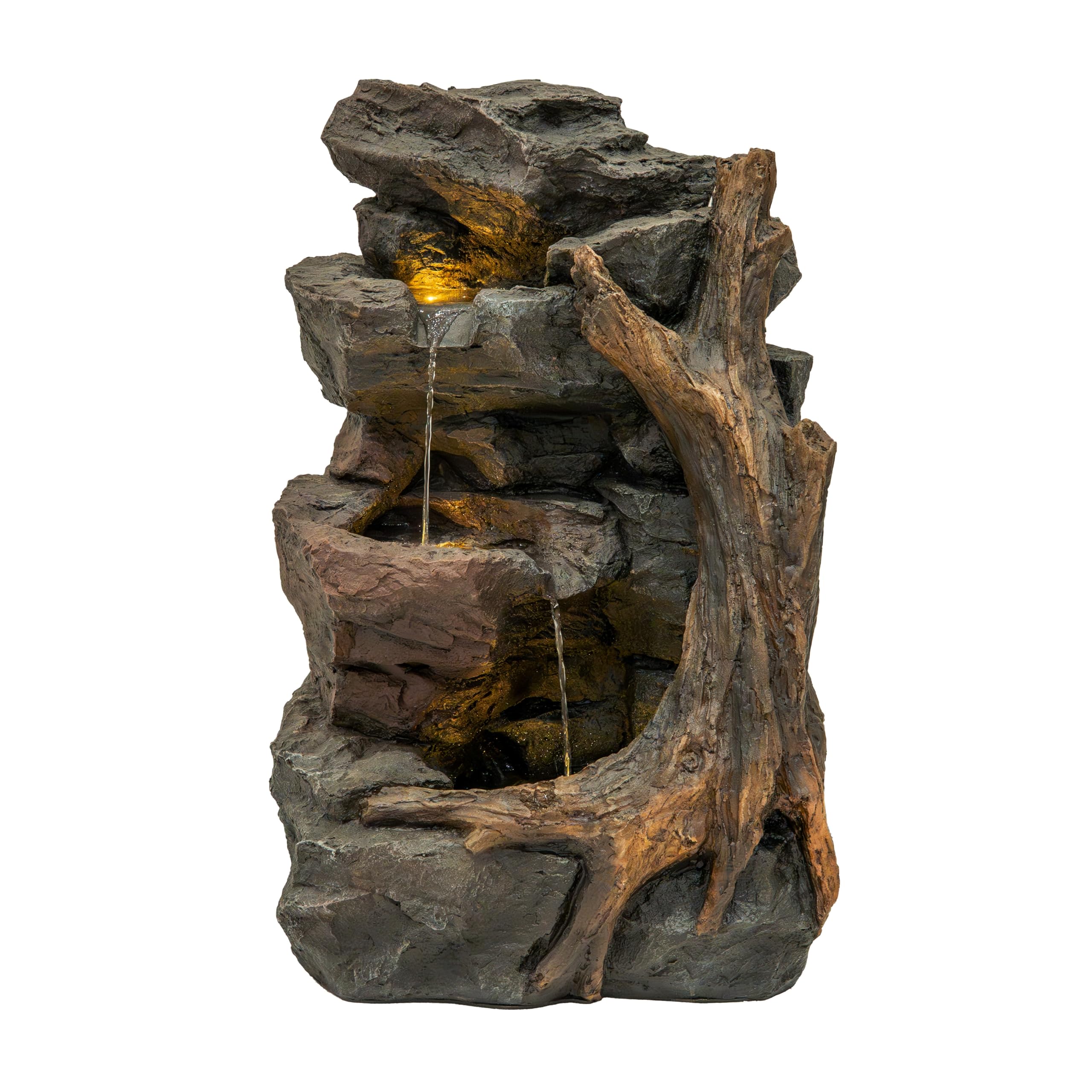 Fontana Cascata da Esterno in Poliresina Grigia con 3 Luci LED Bianche Calde, Pompa Elettrica, Cavo da 7m – Willow Springs + Spazzola per Pulizia Inclusa