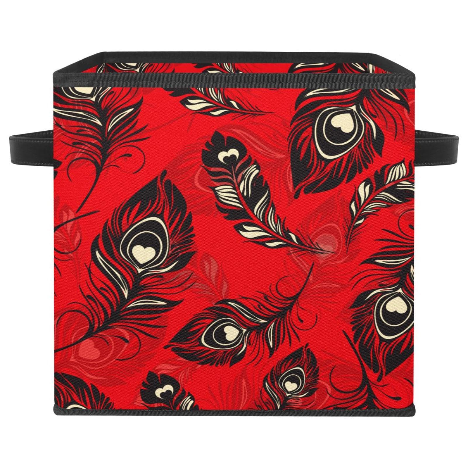 Cube organisateur bacs avec poignées pour placard et chambre motif plumes rouge