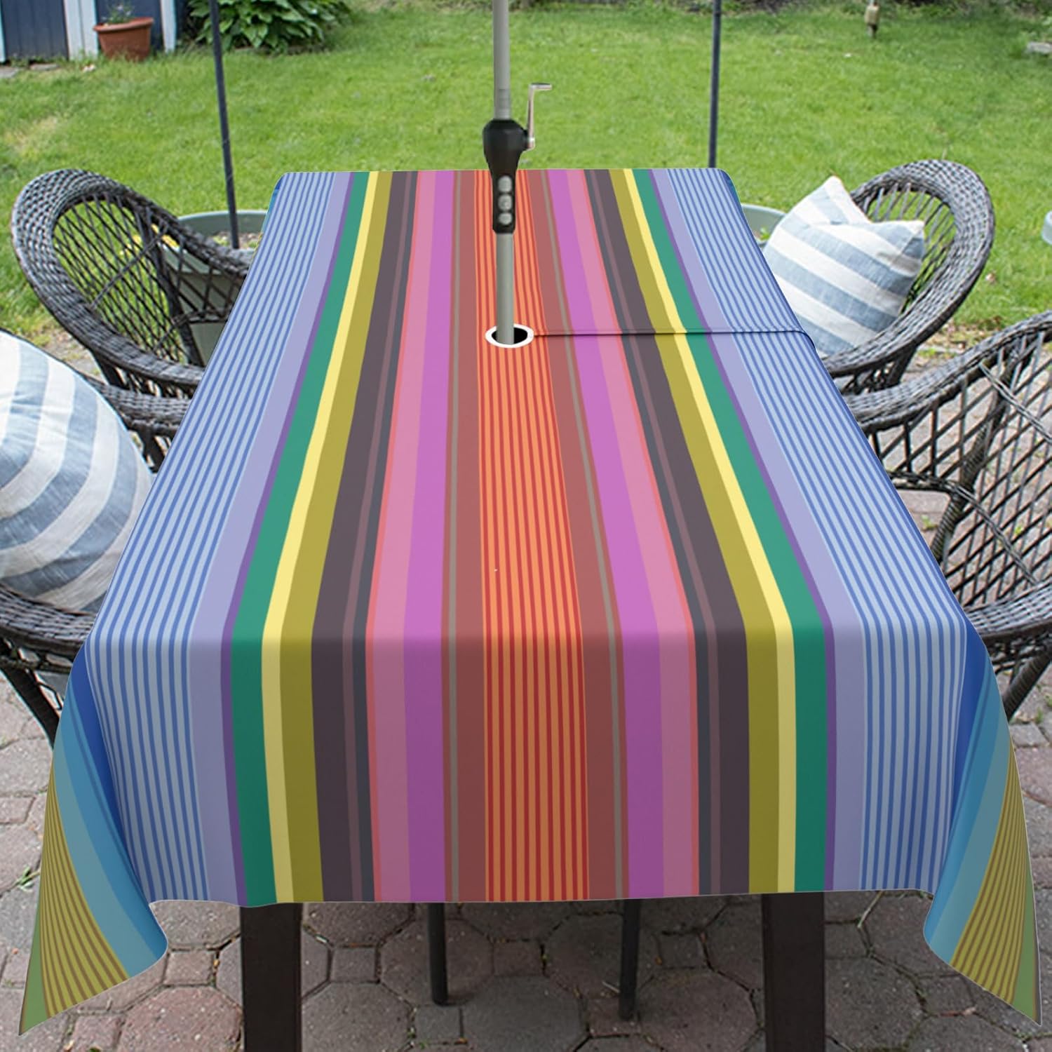 Strips Print Outdoor Tablecloth with Umbrella Hole for Rectangle Table, Waterproof Colorful Patio Table Cloth with Zipper - 60 x 120 inches