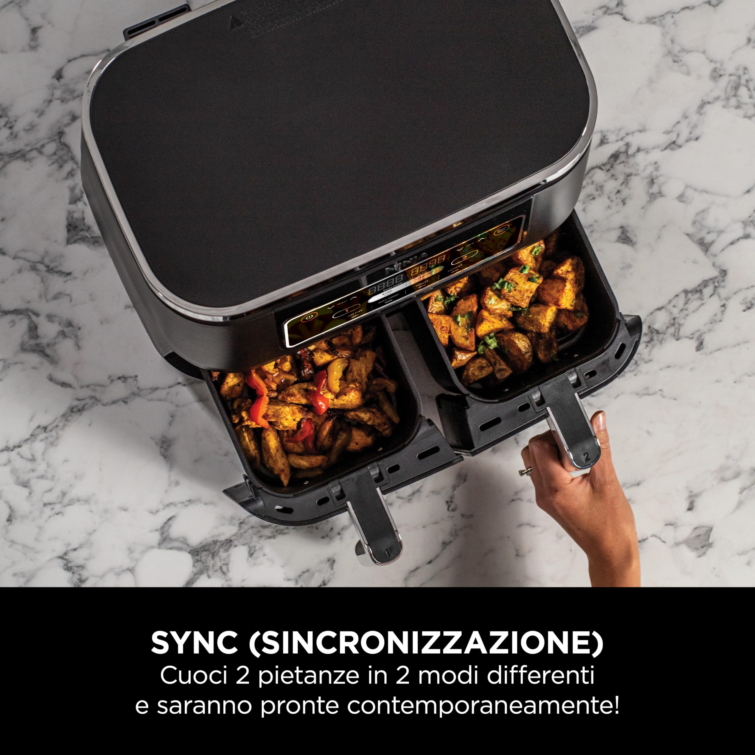 Ninja Foodi Dual Zone, Friggitrice ad Aria, 7,6L, 2 Cassetti, Nero, AF200EU | 4 in 1, 2 Cestelli Antiaderenti, Massima Croccantezza, Cottura Arrosto e Riscaldamento, Lavabile in Lavastoviglie