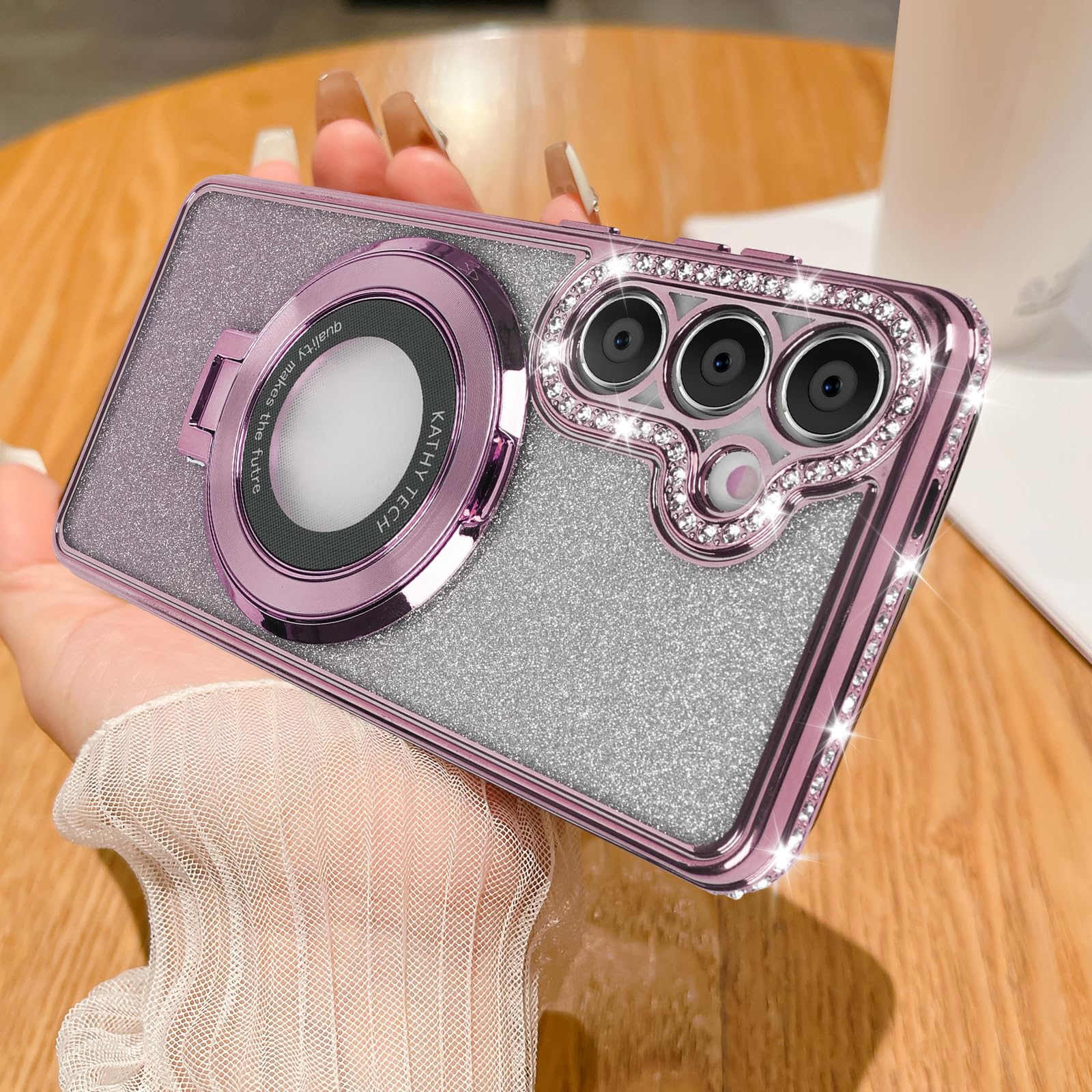 Losin Compatible with Galaxy S24 Plus Glitter Magnetic Case with Invisible Stand [Compatible with MagSafe] Luxury Bling Rhinestone Full Camera Lens
