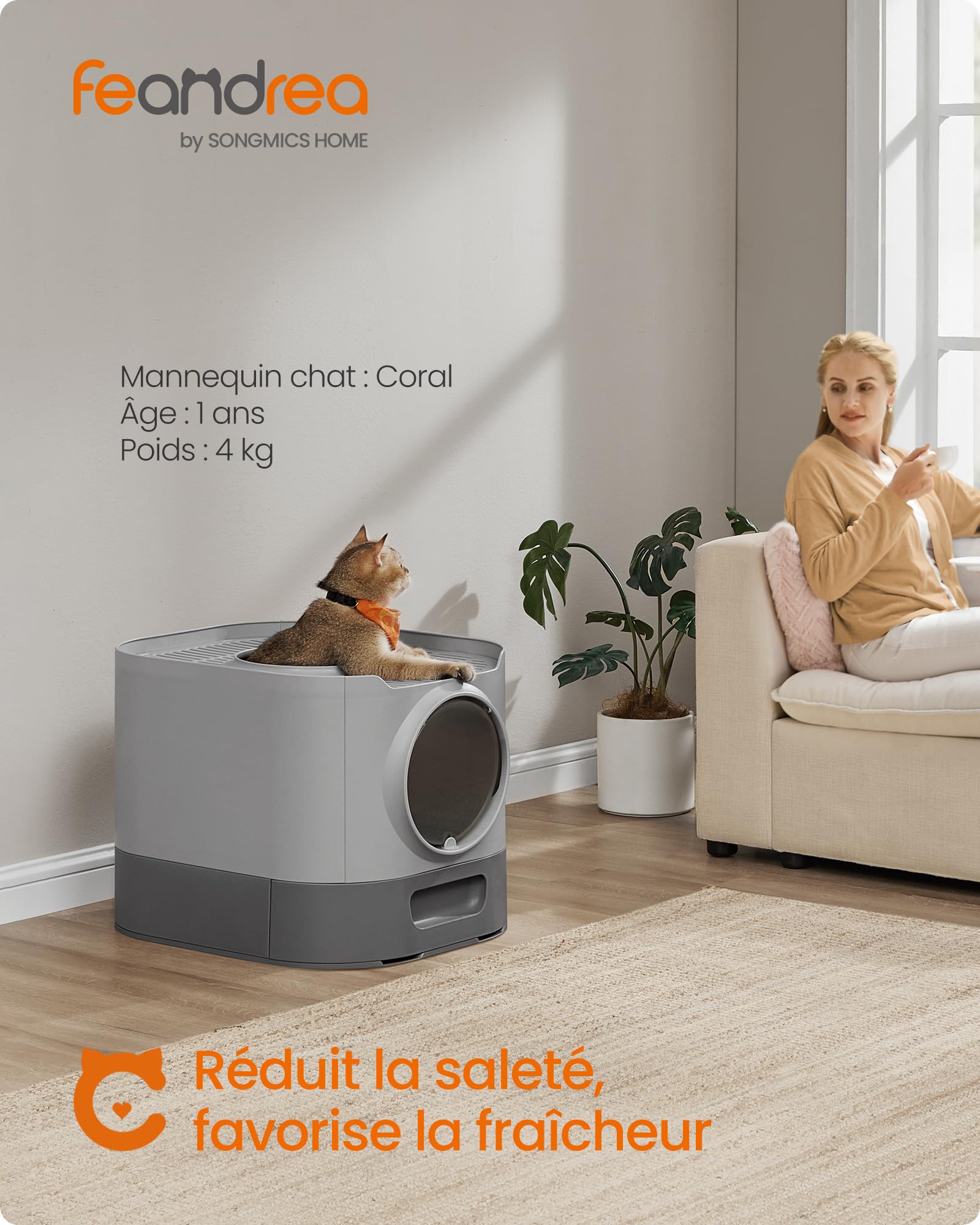 Feandrea Bac à Litière, Litière pour Chat XXL, avec Couvercle, Plateau Amovible, Pelle, Brosse, Espace pour Grands Chats, Moins de Traces, Fond Anti-Fuite, Gris Tourterelle et Gris Ardoise PPT002B01