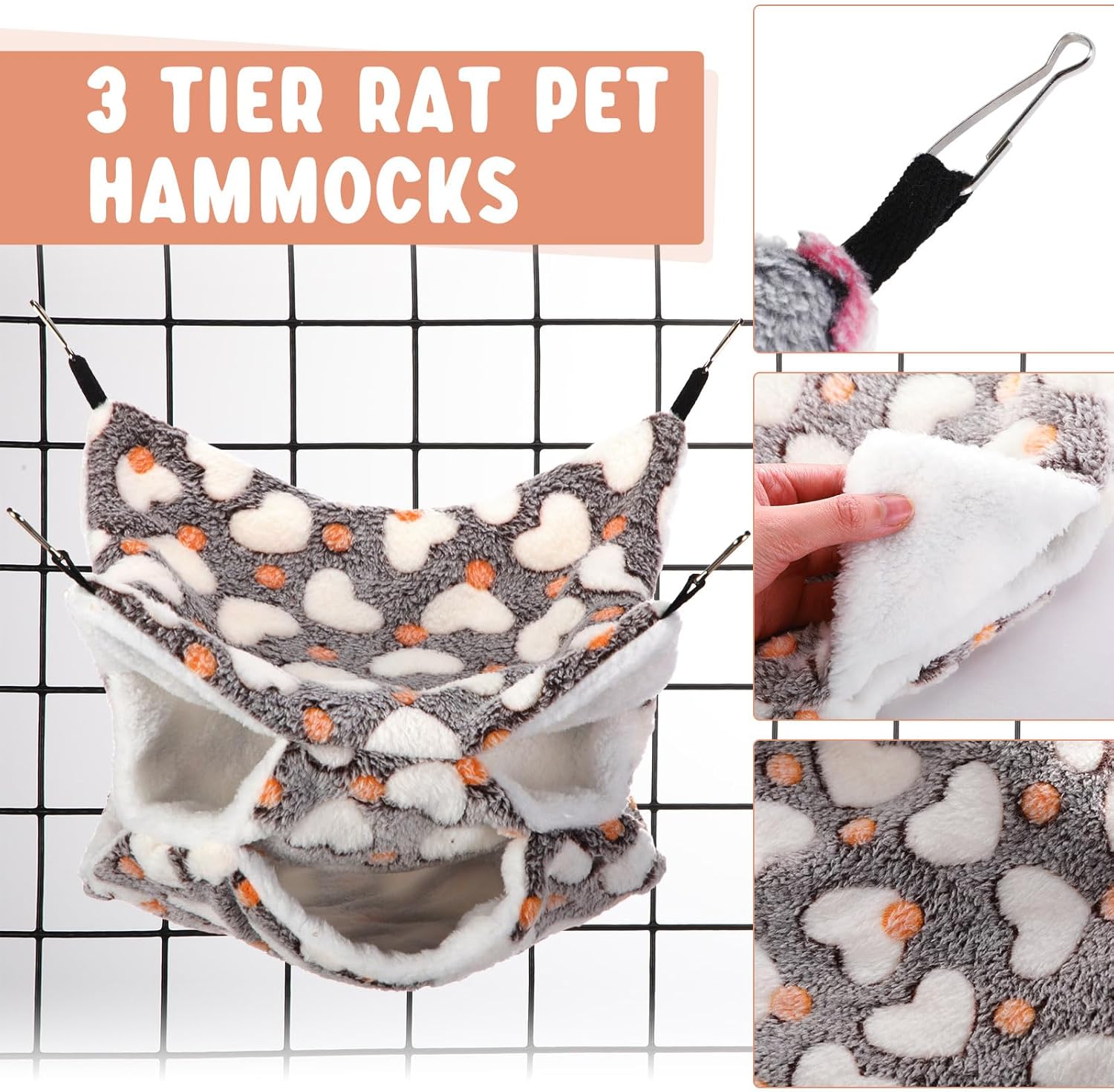 Sweetude 6 Pcs Rat Hammock Set Ferret Hanging Tunnel 3 Tier Guinea Pig Hammocks Hideout Soft Chinchilla Bed for Cage Accessories Hide,Play and Sleep(Cute,Heart) 3 818EGJDJuUL. AC SL1500