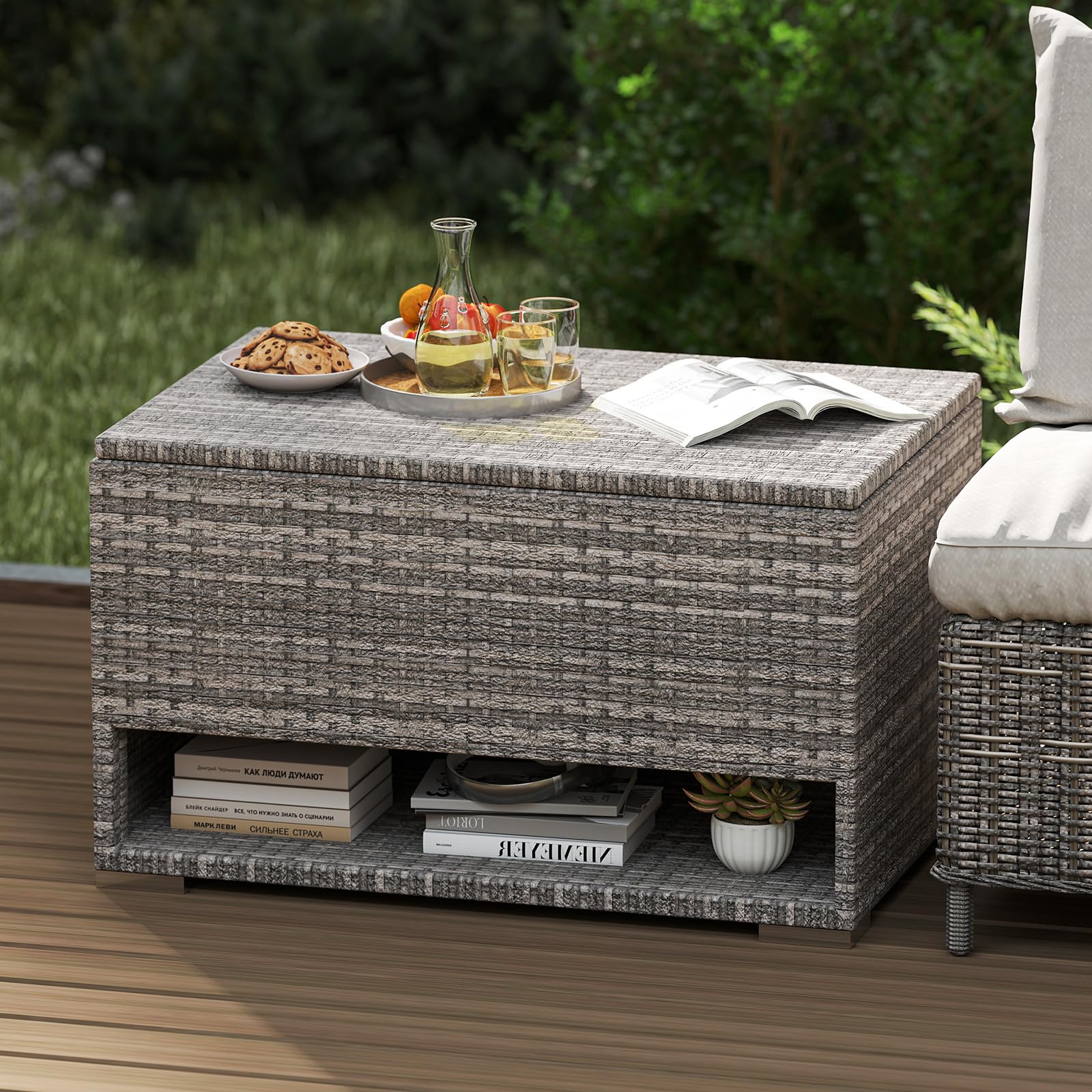COSTWAY Baule da Giardino 186 L, Panca Contenitore in Rattan con Scarpiera, Rivestimento Protettivo, Organizzatore per Cuscini, Accessori Piscina, Attrezzi da Giardino (Grigio)