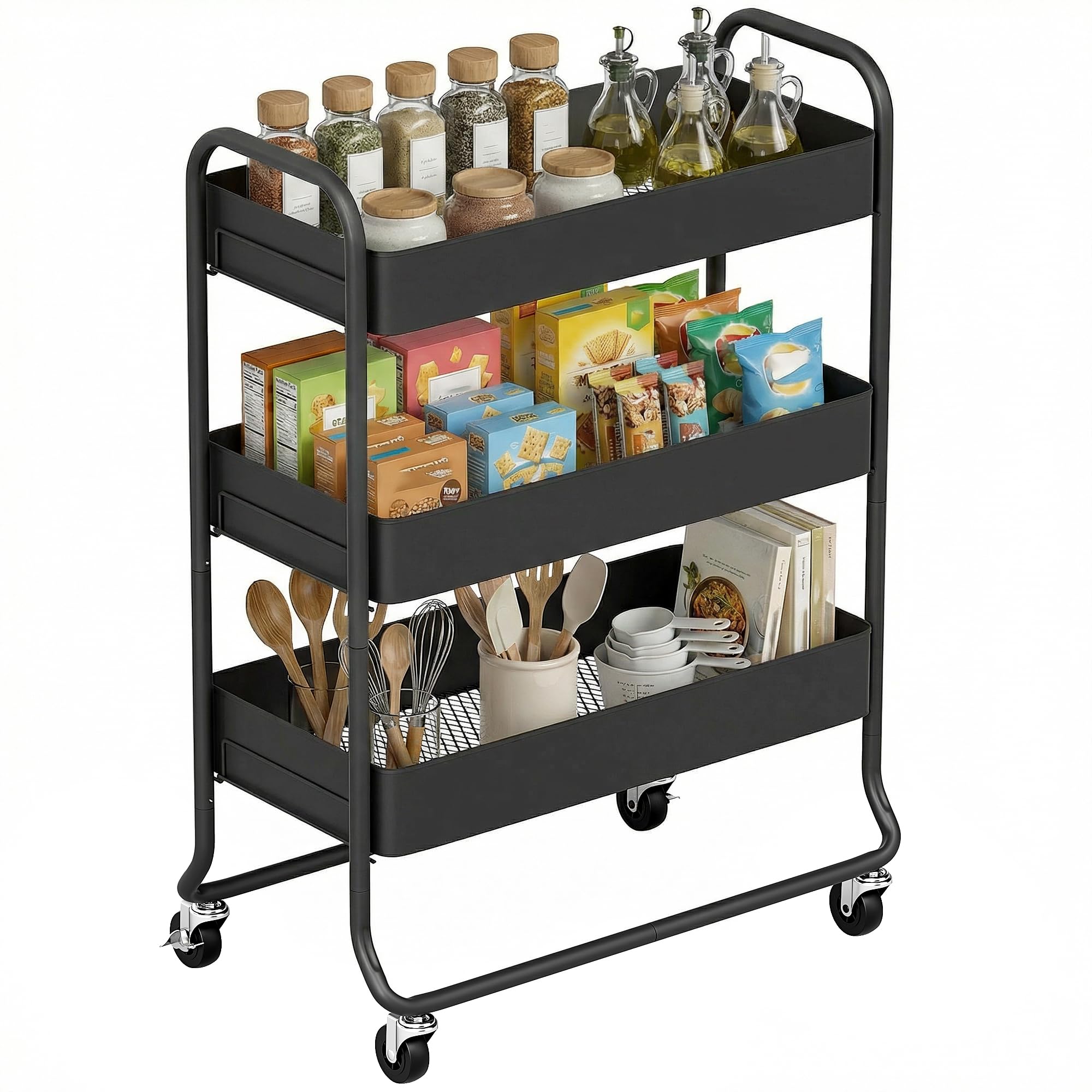 Homcom 3-Tier Storage Trolley, Storage Cart With Mesh Backets, Wheels Black