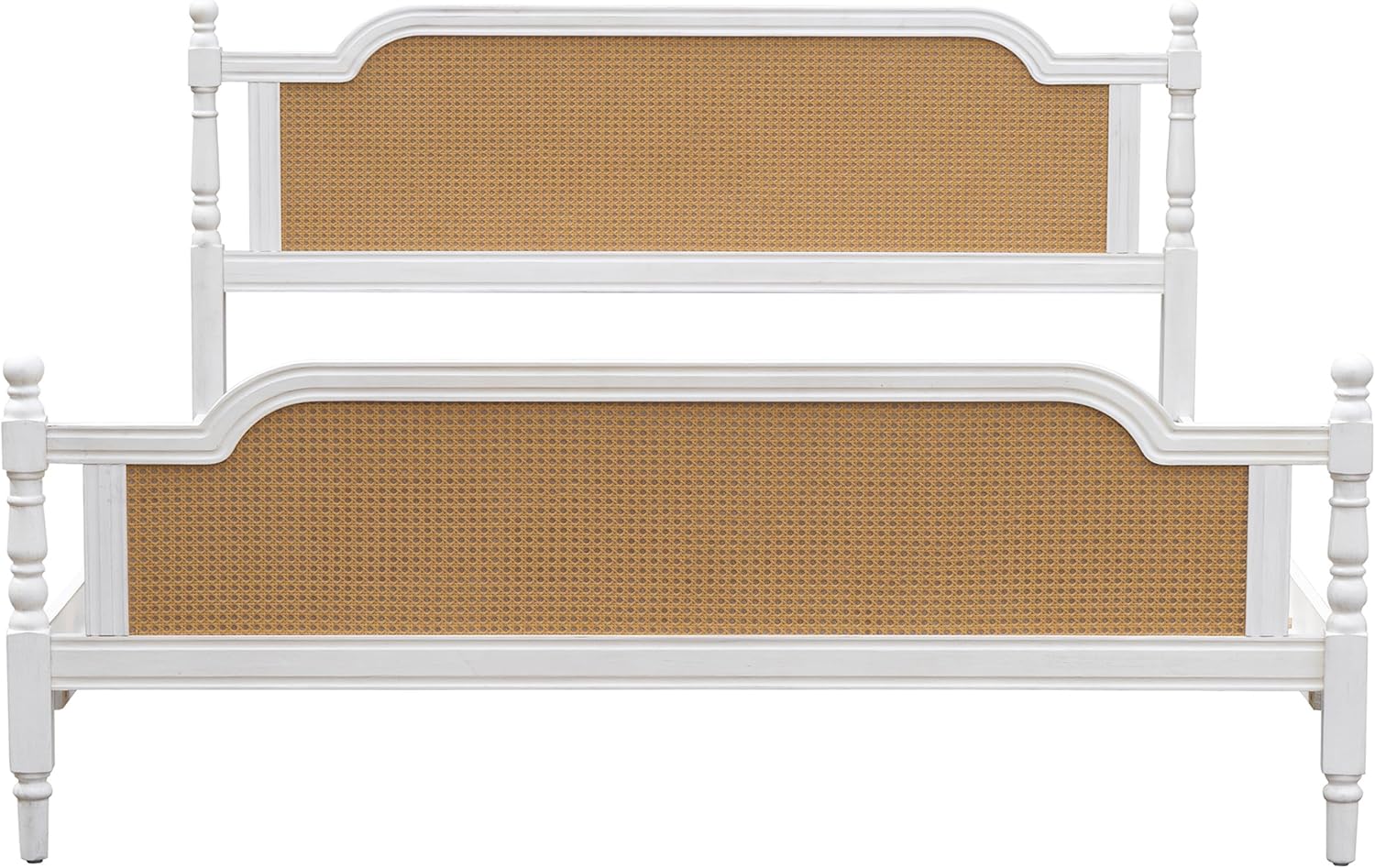 Mid Century Style King Size Platform Bed with Rattan Headboard and Footboard,Solid Wood Foundation Bed Frame with Slat Wood Support,French Style,No Box Spring Needed (Antique White)