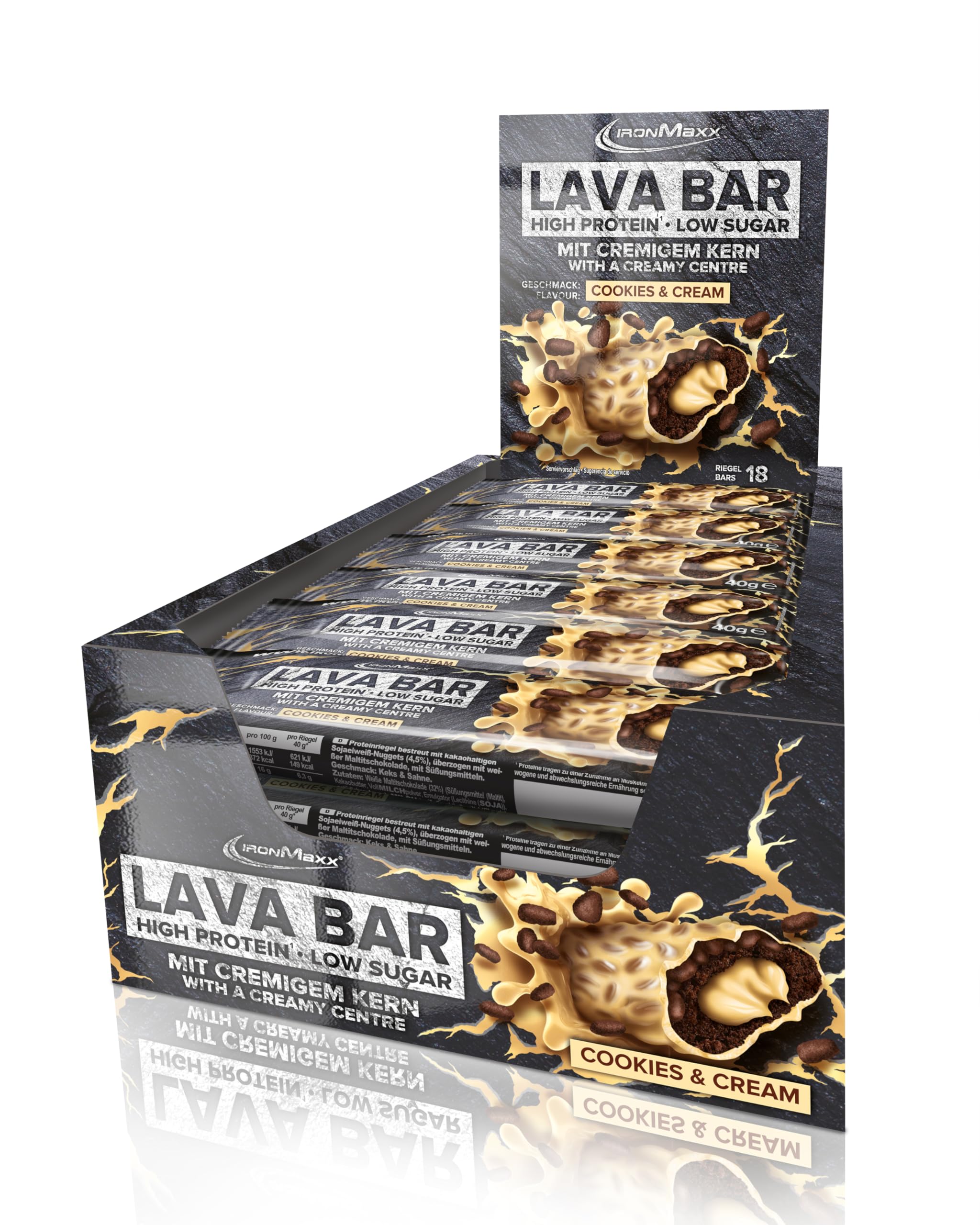 IronMaxx Lava Protein Bar - Cookies and Cream - 18x40g | High Protein Riegel mit cremigem Kern & Erdnuss-Karamell-Topping | Zuckerarm & ohne Palmöl