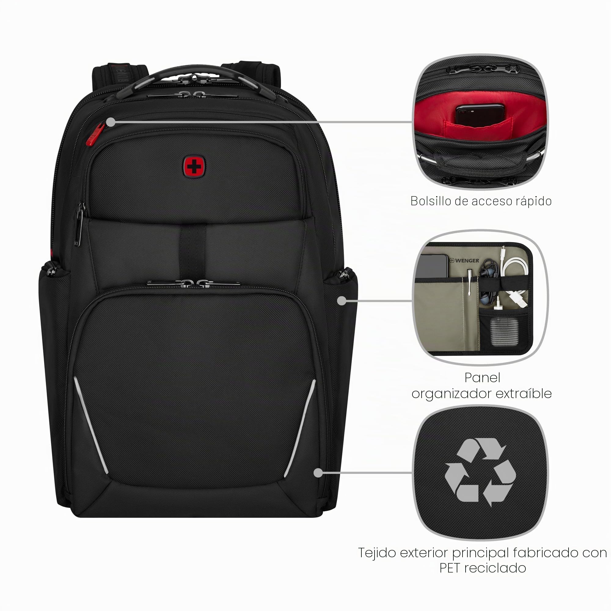WENGER Meteor Mochila para portátil con compartimento para tableta, notebook de hasta 17", 30 l, mujer/hombre, negocios, universidad, escuela viajes, negro, 653188