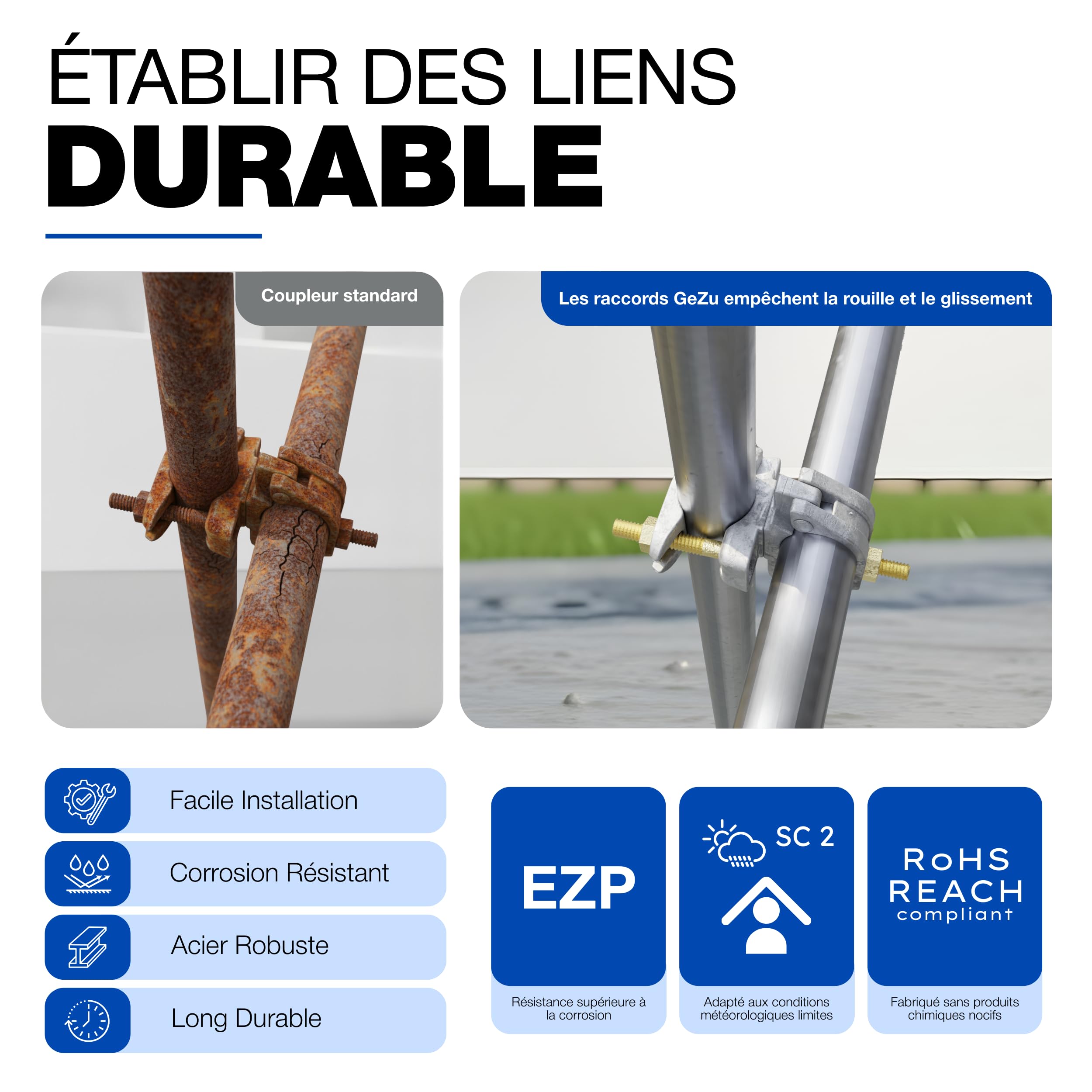 GeZu Impex Coupleur d'échafaudage Galvanoplastie Lot de 4 48 x 48 mm serre joint pour tuyau acier construction