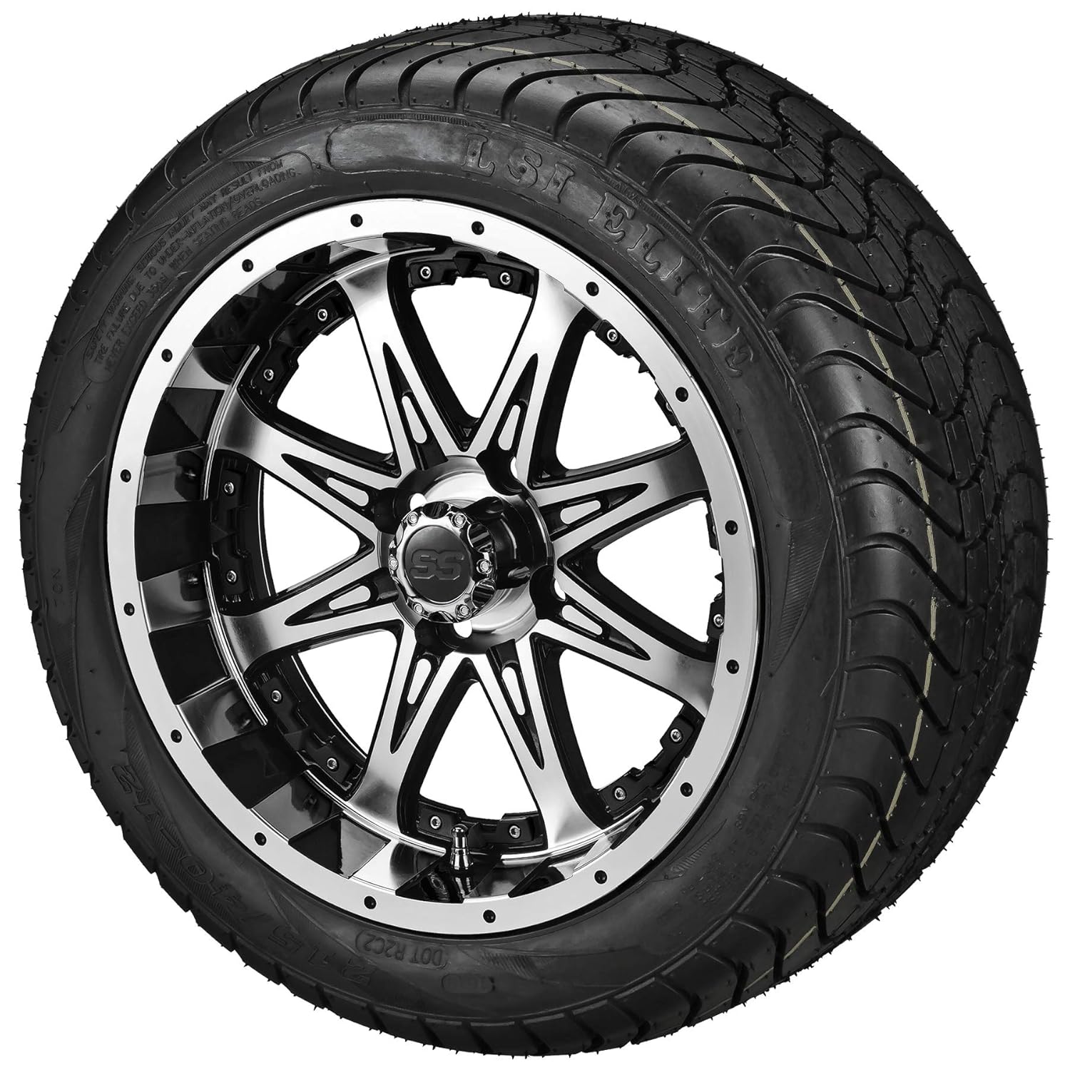 RM Cart Golf Cart Accessories 12" Revenge Black/Machined on 215/40-12 LSI Elite Tires with Black Inserts (Set of 4) | Fits Standard Lug Nuts (Club Car & EZ-Go)