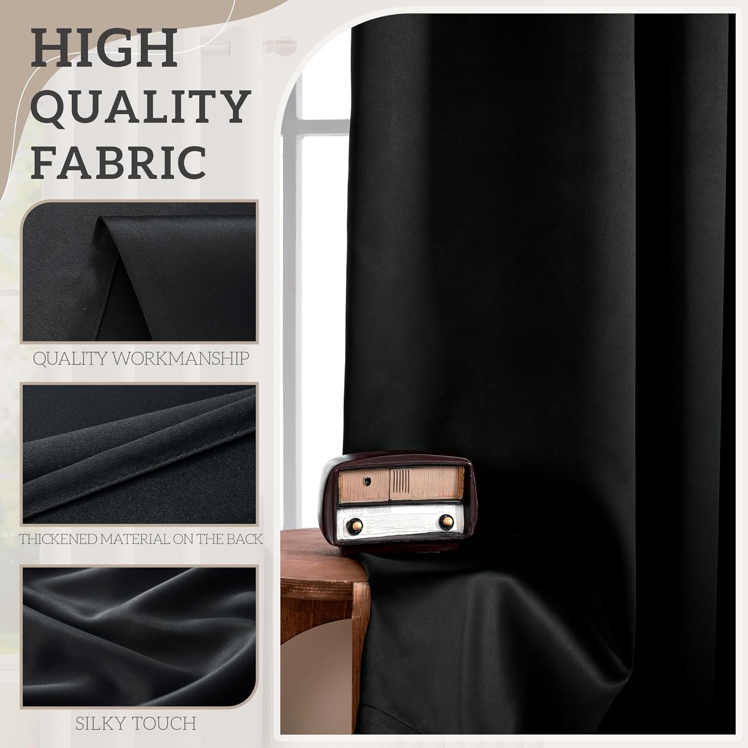 2 Panels Set Blackout Curtains Drapes, Room Darkening Insulated Thermal Window Panels for Bedroom, Living Room, Elegant Decorative Thicken Window Treatments, 52 X 95 in (W X L), Black