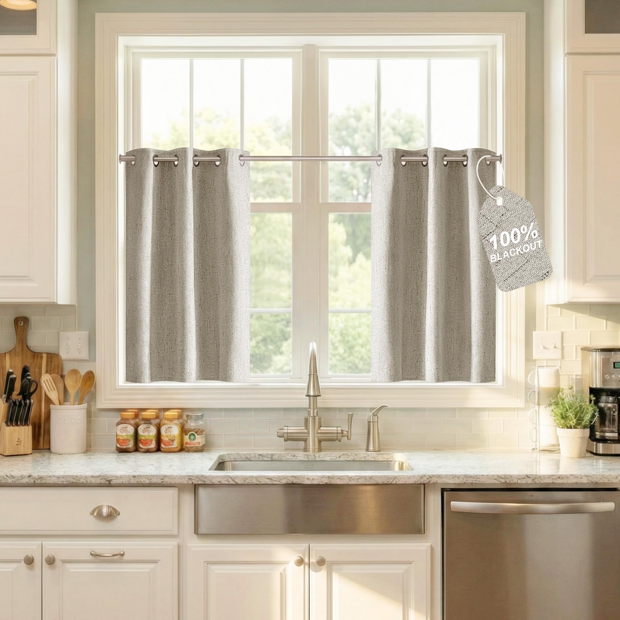 NICETOWN 100% Blackout Linen Curtains 40 inches Long, White Liner Composite Grommet Short Window Treatments Sound Dampening Home Decors for Kitchen/Cafe, Beige, 2 Panels,W34 x L40