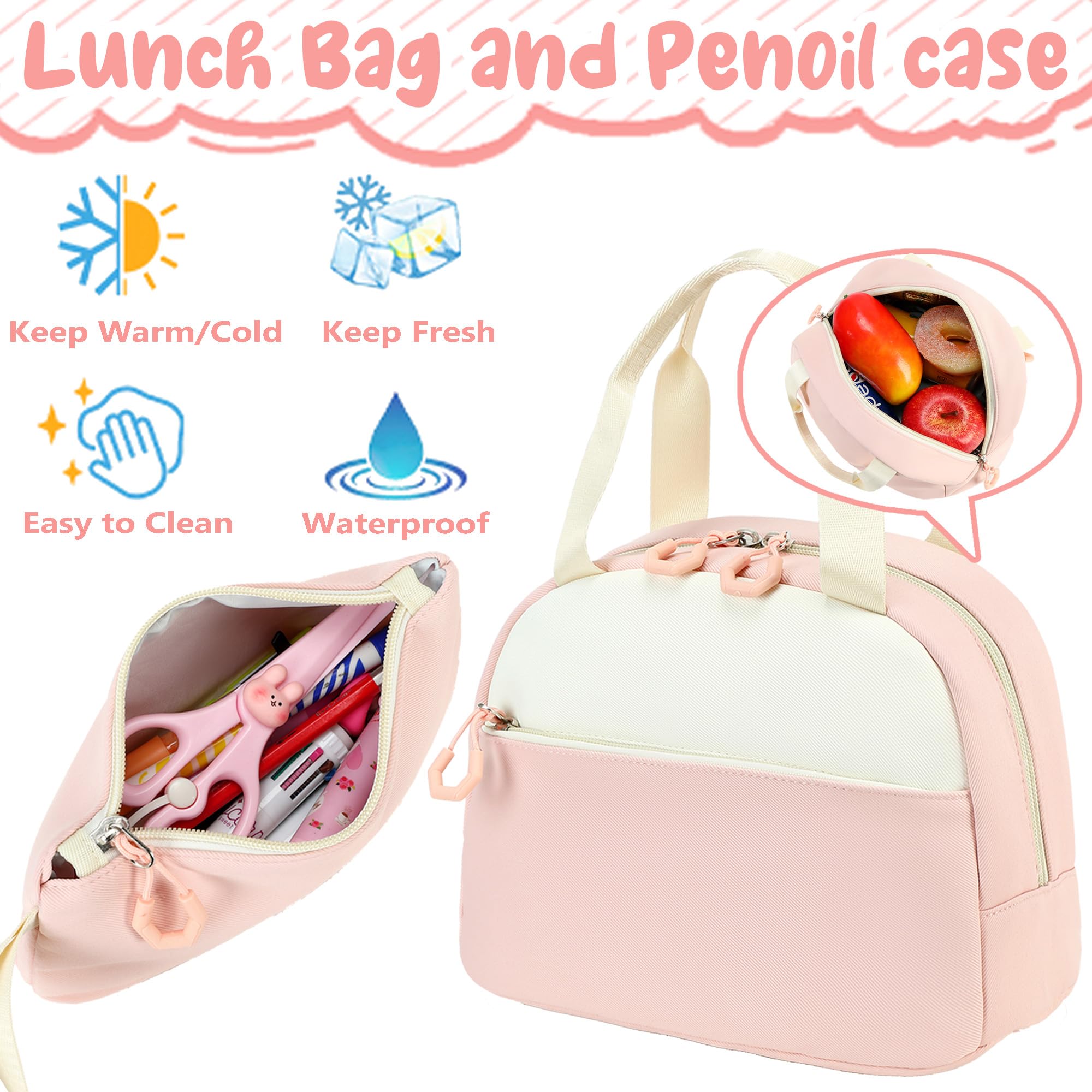 Zaino scolastico per ragazze, 3 pezzi, zaino per computer portatile da 15,6 pollici con portapranzo e astuccio per matite, set per libri scolastici per bambini, Rosa e beige., Carino
