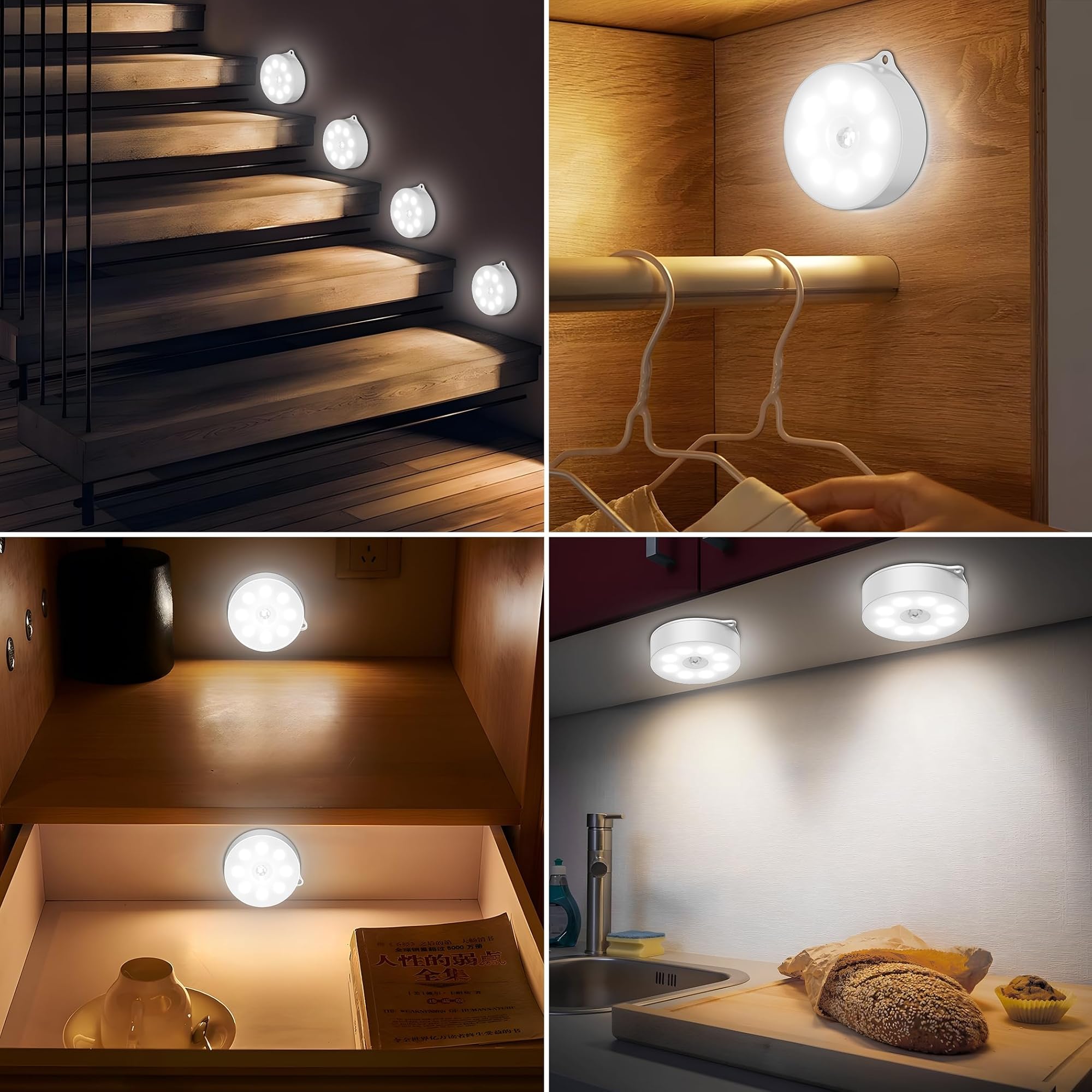 daphomeu Luz led nocturna con sensor de movimiento, Funciona con 3 pilas AAA. iluminación de armario, sensor de movimiento interior para escaleras, dormitorio, cocina. (blanco frío,3 Piezas)