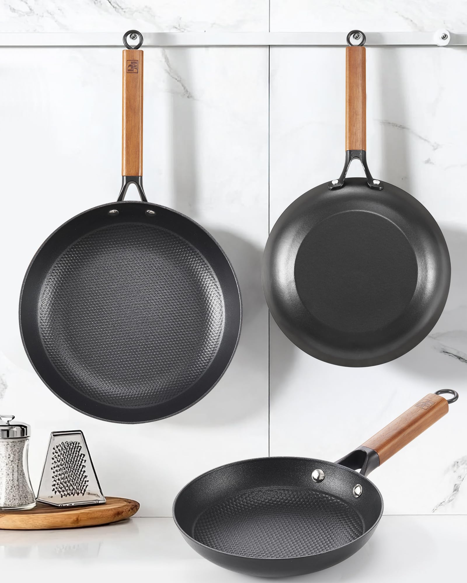 DM Gusseisen-Pfannen-Set, 3-teilig, antihaftbeschichtet, 20,3 cm, 25,4 cm, 30,5 cm, mit abnehmbarem Griff aus Akazienholz, Wabenform, antihaftbeschichtet, Omelett-Eierpfanne, leicht zu reinigen
