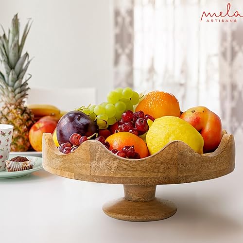 Miniatura 4 de Frutero de madera con pies "festoneado" (madera de manzana, natural), decoración de mesa de café hecha a mano, cuenco ovalado con pedestal para