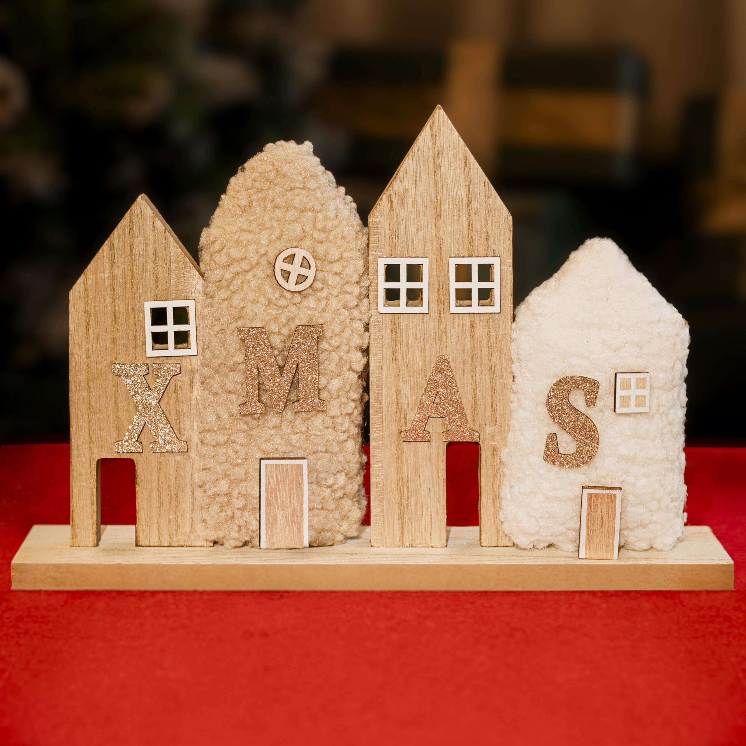 Marco Paul Wooden Christmas Village Scene Ornament - 33cm Freestanding ‘XMAS’ Sign Decoration - White & Gold Christmas Table Decoration Centrepiece, Dining Table Decorations - Festive Home Decor