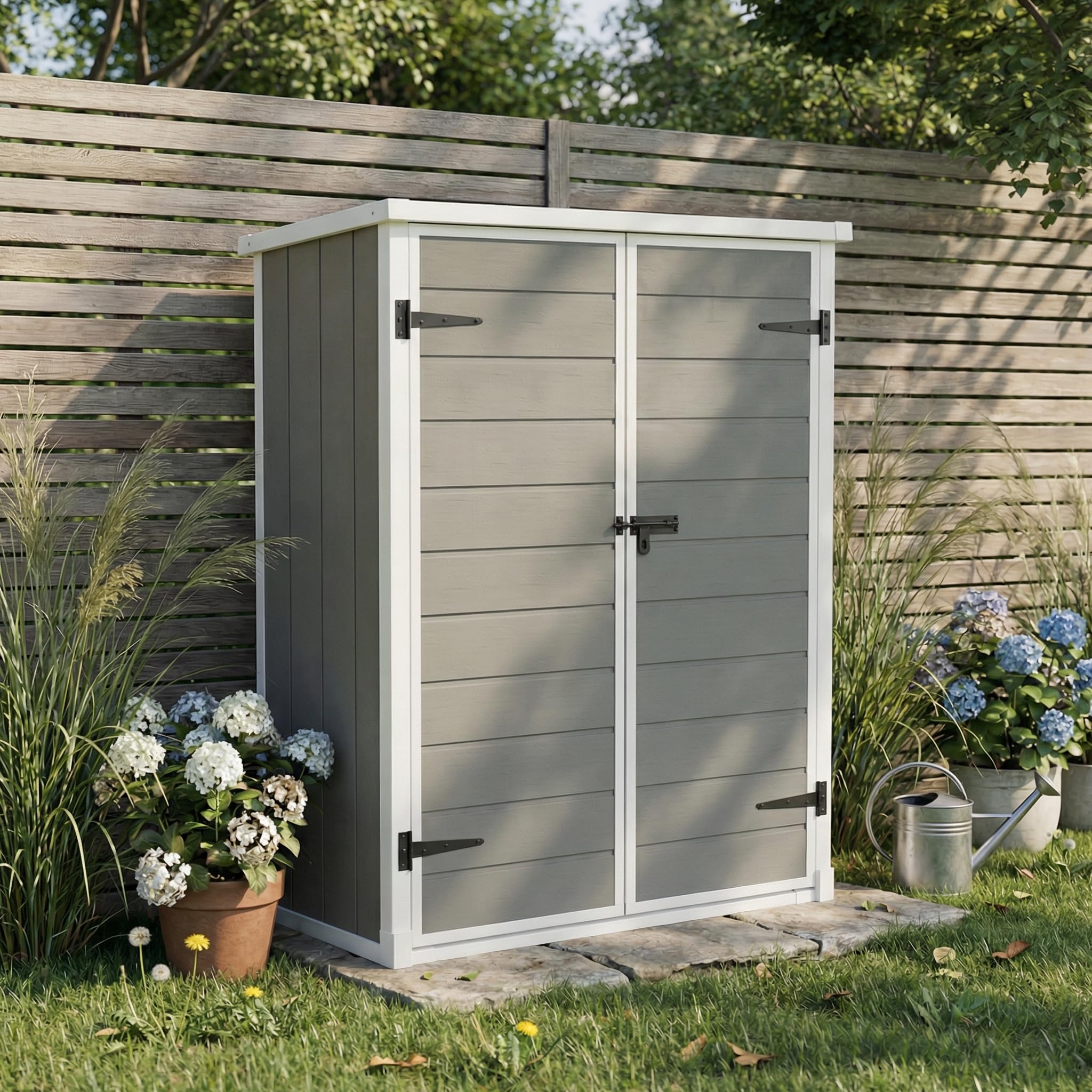 STEELSØN Novara Gerätehaus – Geräteschuppen mit Pultdach – Gartenhaus 170x68,5x134 cm (HxTxB) – Gartenschuppen aus Kunststoff Grau – Gartenhütte mit 2 Fächern – Gerätehütte rostfrei – Schuppen Garten