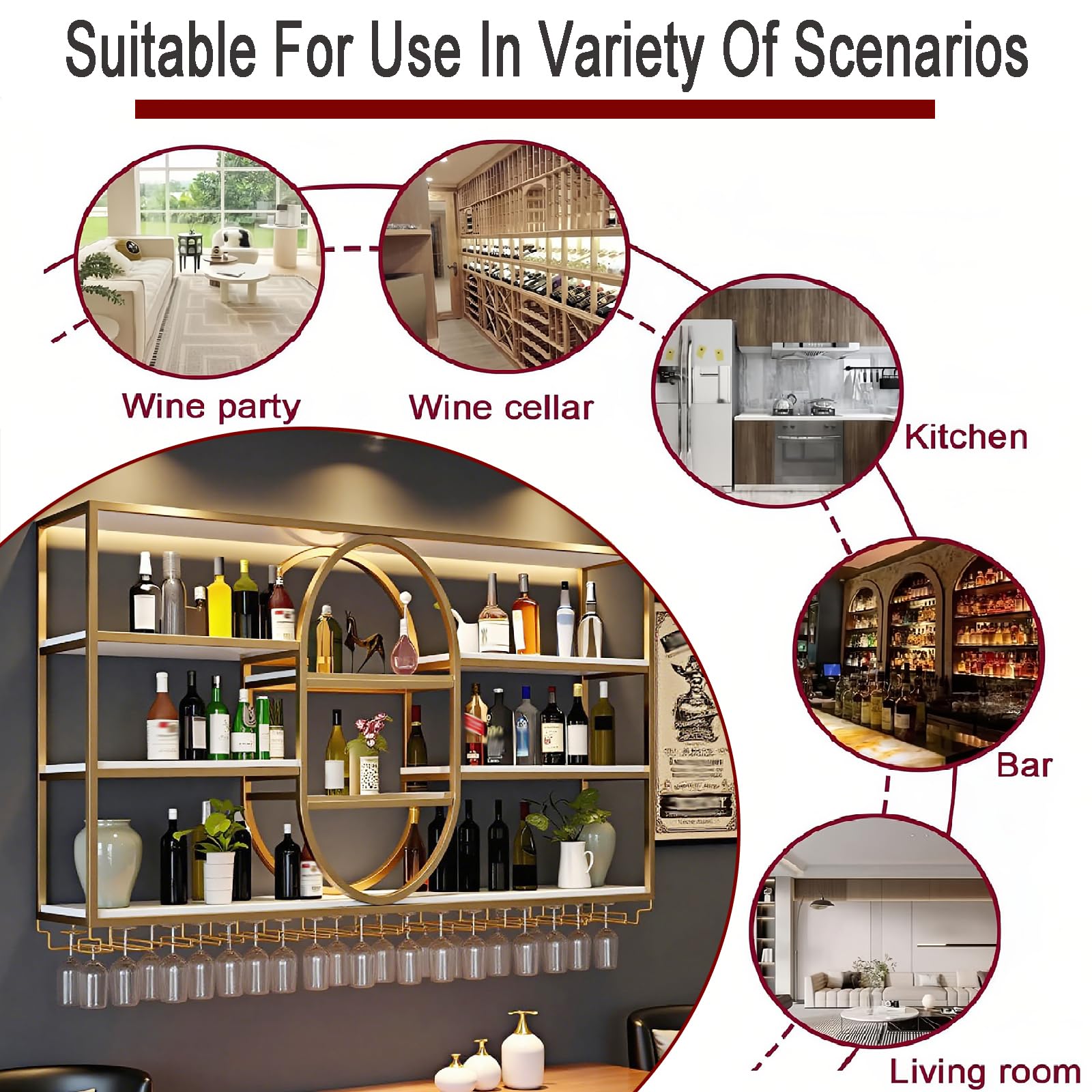 140CM Portabottiglie da parete grande, portabottiglie sospeso in metallo a 4 ripiani con ripiani per bicchieri, mensole sospese moderne per la decorazione di bar e sala da pranzo (Oro)