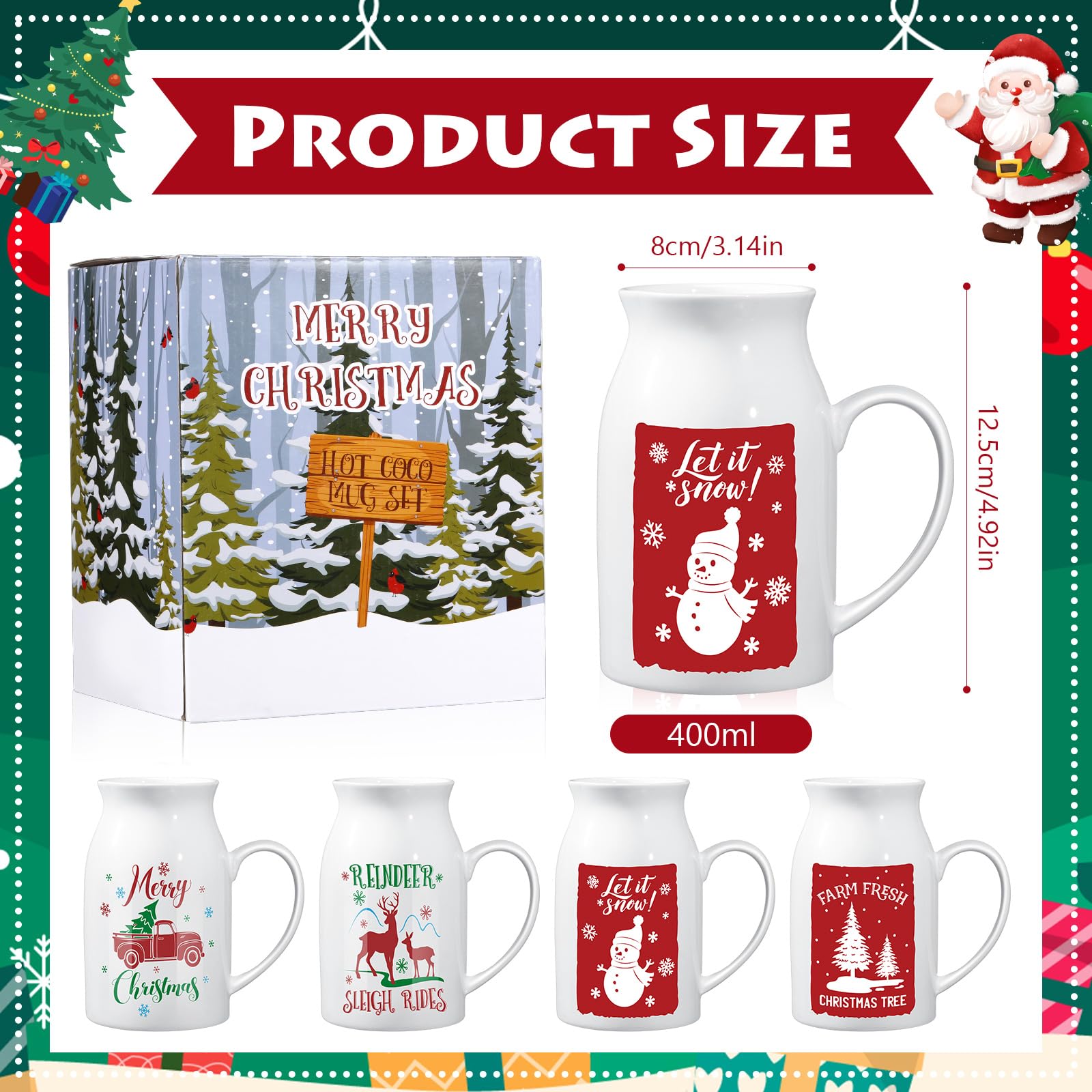 Hushee 4 tazas de cerámica de Navidad de 9.5 onzas con caja de regalo, tazas de café con diseño de patrón festivo, reno, árbol de Navidad, cacao caliente, tazas de café de Navidad para té, chocolate