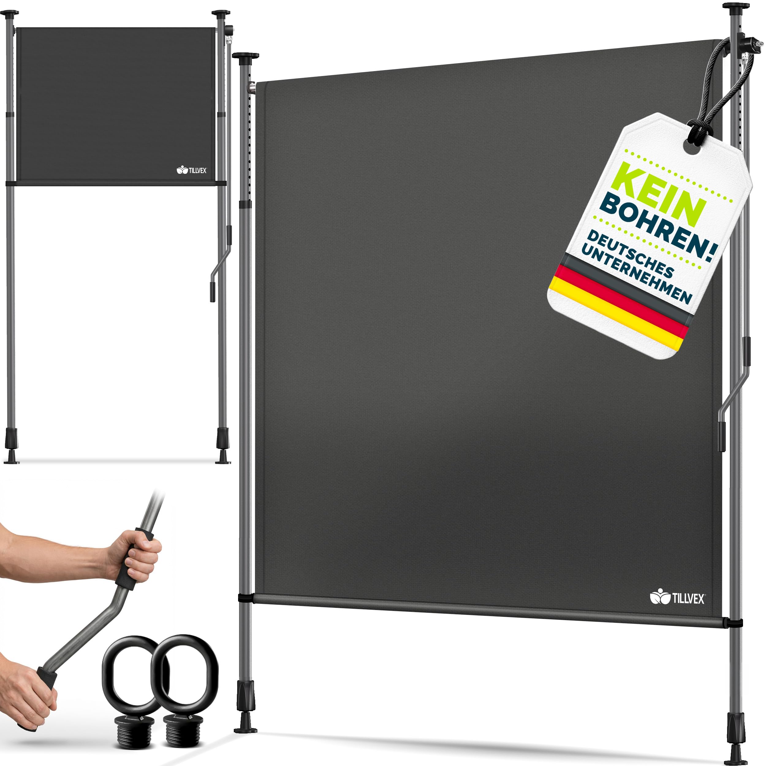 tillvex® Klemmmarkise Senkrechtmarkise mit Handkurbel ohne Bohren | Sichtschutz Ausziehbar & Blickdicht | Vertikalmarkise Balkon Terrasse Garten | Sichtschutzrollo Wetterfest (Anthrazit, 150x310 cm)