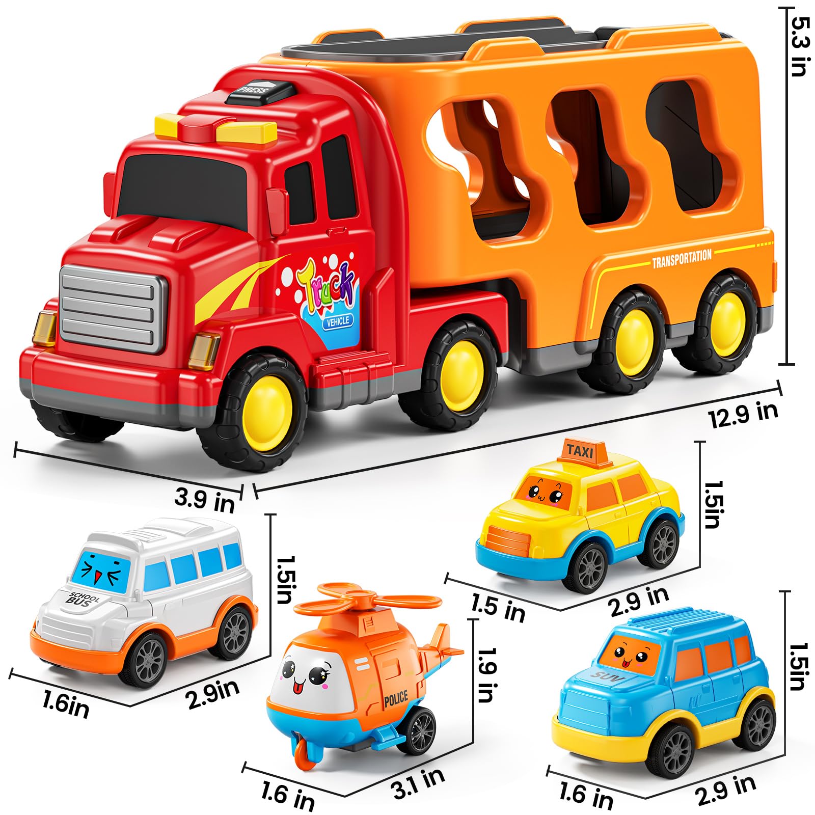 Camion per bambini dai 3 ai 4 anni, giocattoli per bambini 3, 4, 5, 6, 7 anni, 5 in 1, set di giocattoli per veicoli con suono e luce, regalo di compleanno di Natale per bambini