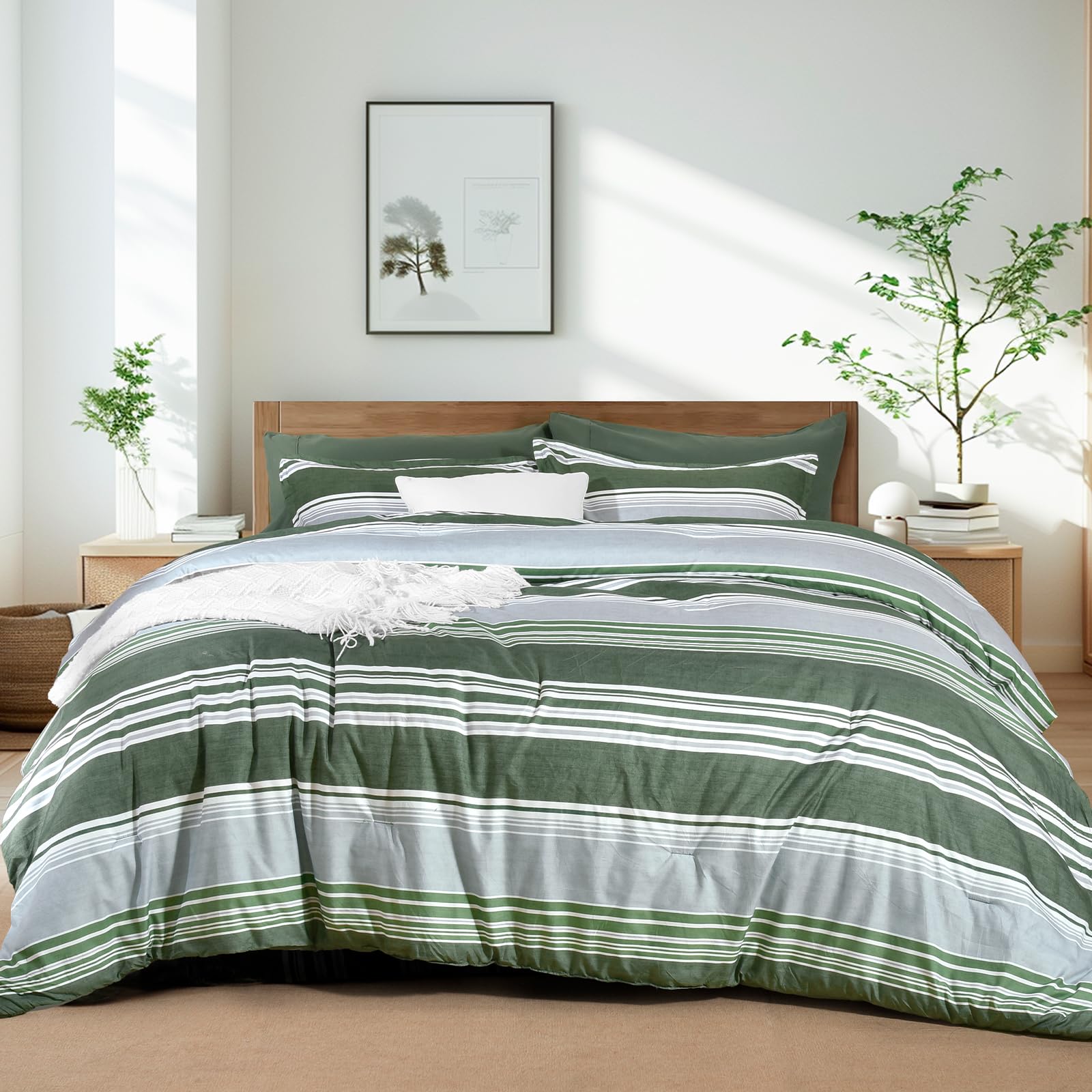 PHF 7 Pieces Queen Comforter Set, Striped Bed in A Bag, Olive Green Stripe Comforter & 18" Sheet Set All Season, Ultra Soft Bedding Sets with Comforter, Sheets, Pillowcases & Shams