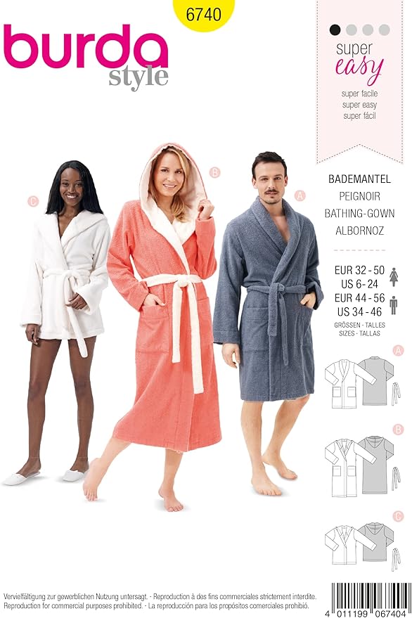 Burda Style Schnittmuster #6740 Damen & Herren Bademantel Gr. XS – XL, Näh-Level 1 super easy