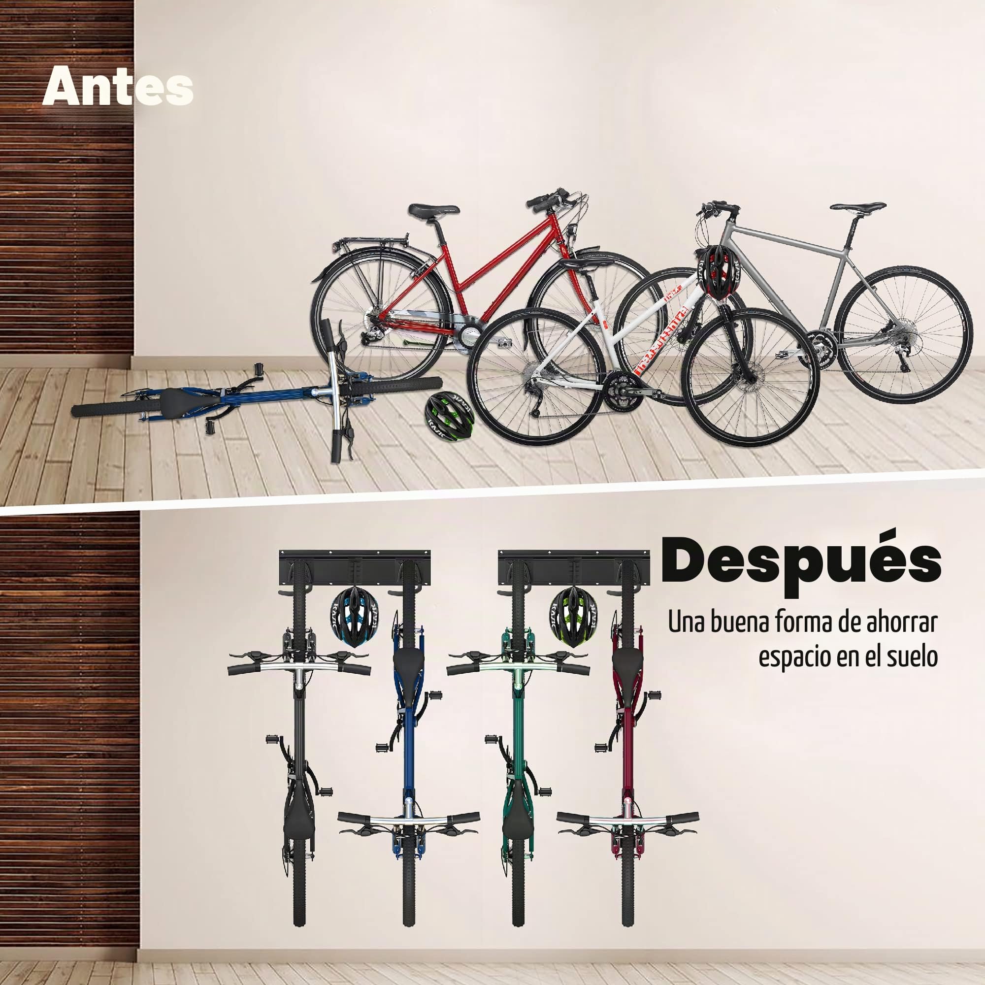 Sinoer Soporte de pared para bicicletas, soporte mural para 4 bicicletas + 2 cascos, colgador de pared resistente para bicicletas, gancho de acero macizo, 2 raíles de 16 pulgadas