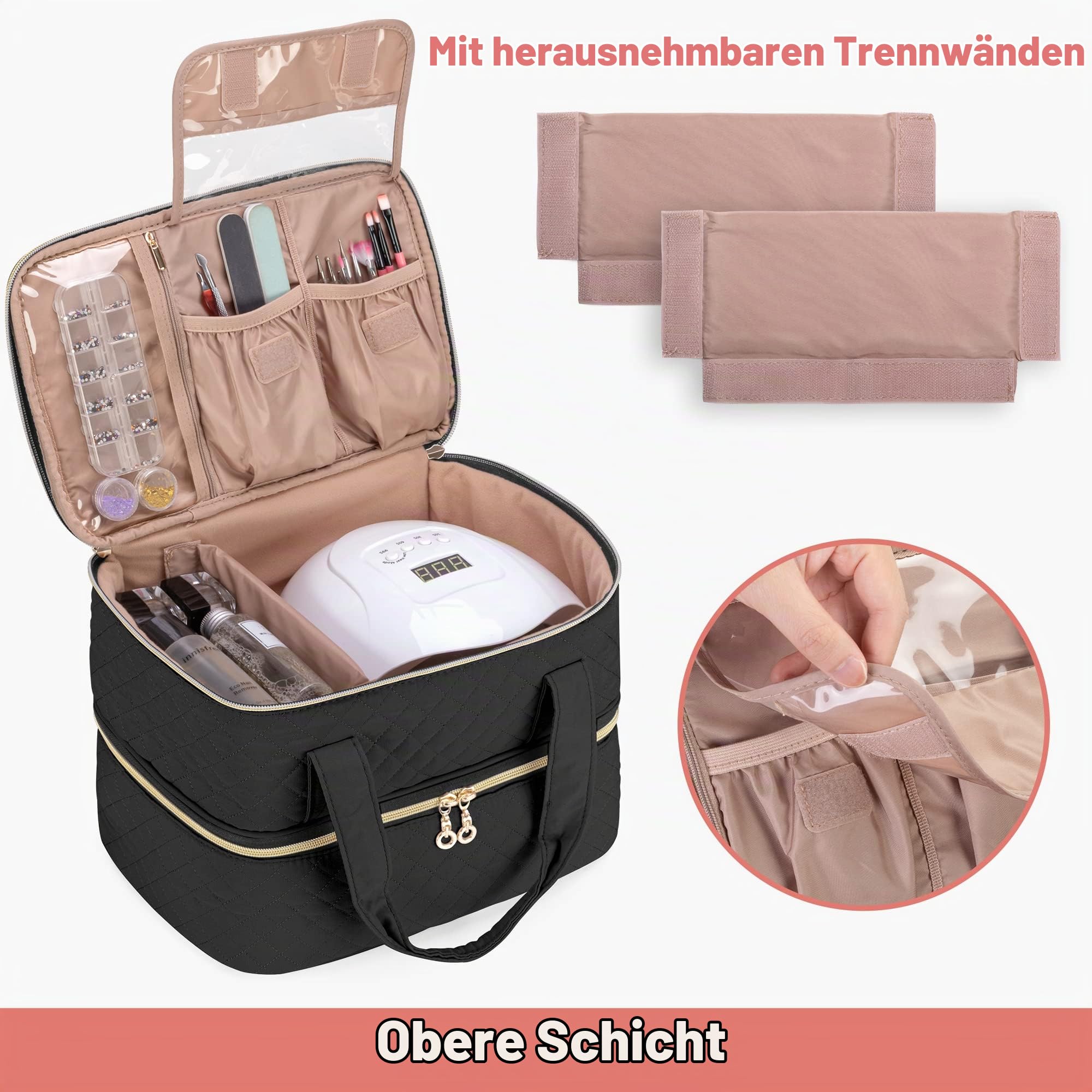 Yarwo Nagellack Tasche Organizer für 50 Flaschen und Nagellampe, Schwarz