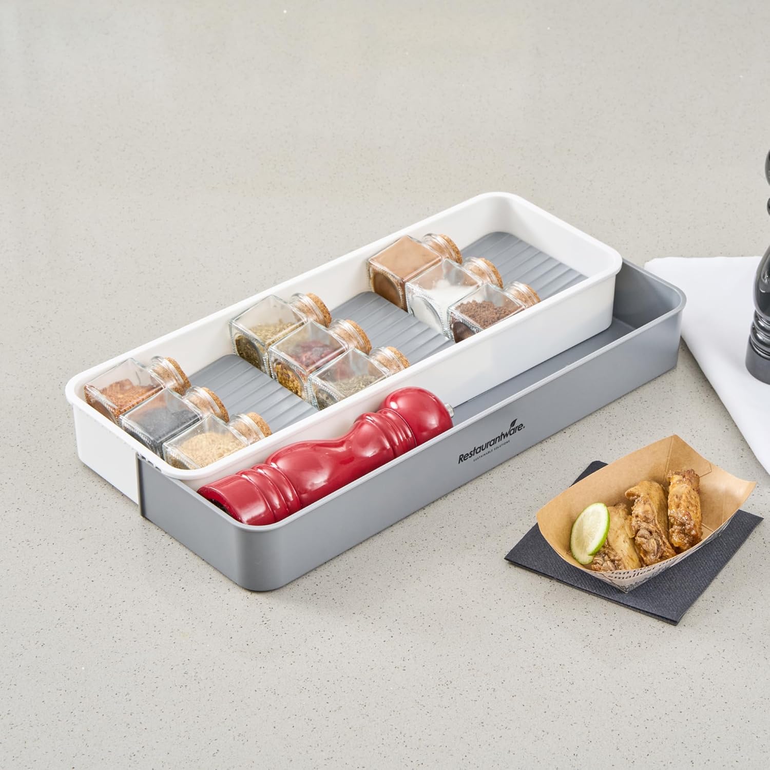 Restaurantware Expandable Spice Drawer Organizer - 12 Count 15.55 x 5.51 x 2.17 Inches Plastic Spice Jar Holder Tiered Organizer Non-Slip Tray Gray Kitchen Storage Solution
