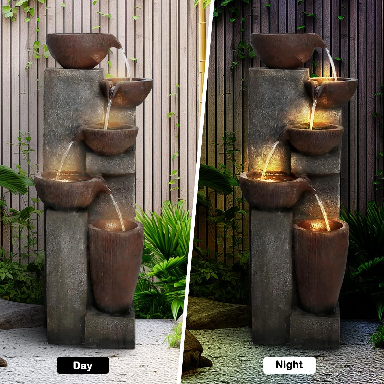 Naturefalls 39.7in.Modern Outdoor Fountain -5-Tier Resin Water Feature, Indoor Outdoor Garden Waterfall Fountain with Contemporary Design&LED Lights for Patio, Yard, Deck, House, O...