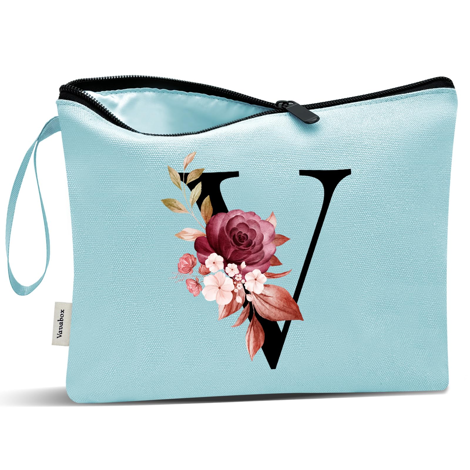 Vavabox A-Z Personalized Makeup Bag, Birthday Gifts for Women Mom, Gifts for Best Friend, Bride Bridesmaid Cosmetic bag (V, Aqua)