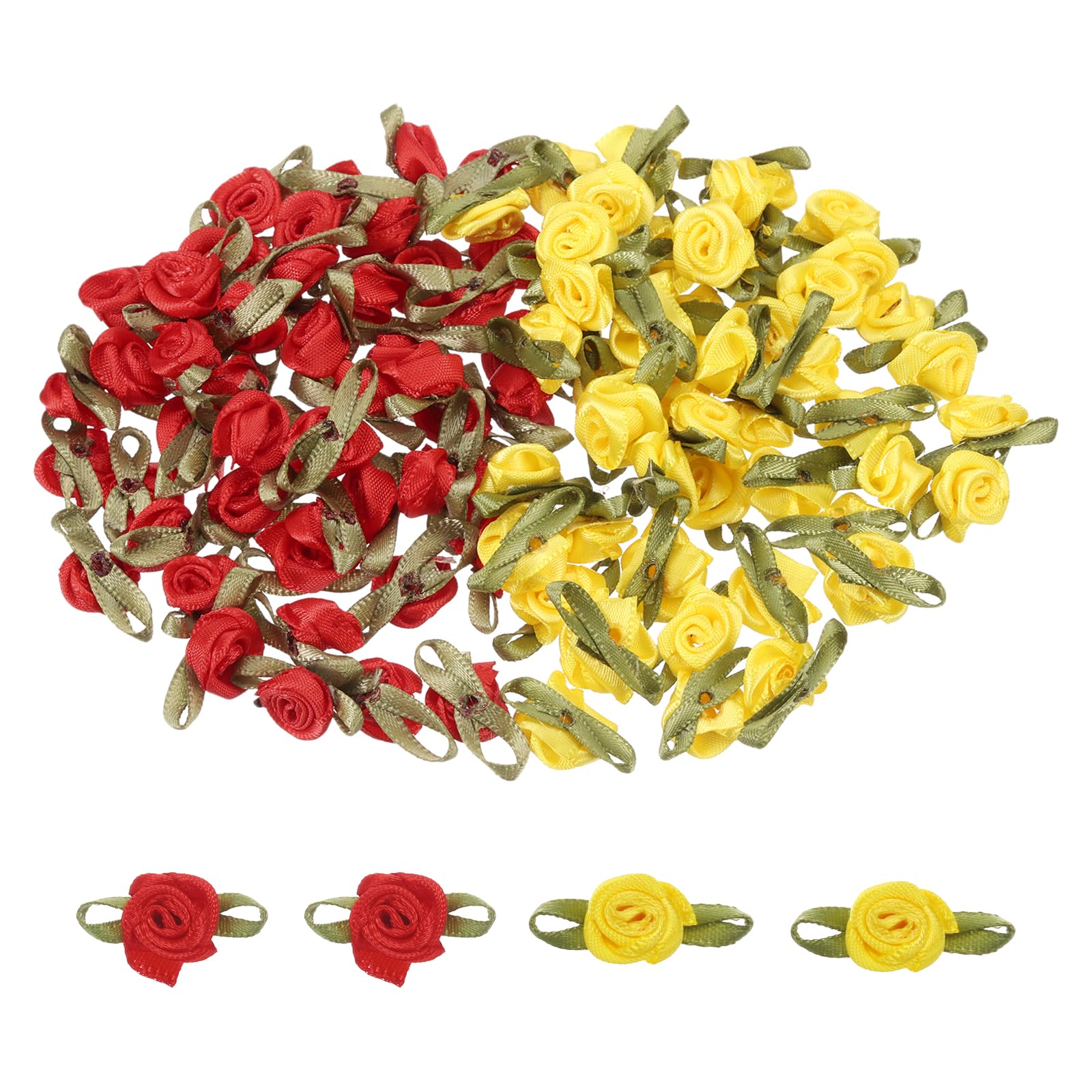 sourcing map 100 Pcs Rose Red/Yellow Powder Ribbon Roses 5/8" x1-3/16 Mini Roses for Sewing Appliques Crafts Little Satin Bows Artificial Flowers