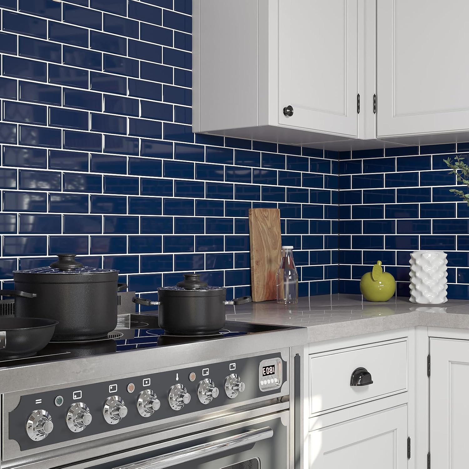 VaryPaper 20 Sheets Navy Blue Peel and Stick Subway Tile Stick on Backsplash Tiles for Kitchen Bathroom Waterproof Removable Self Adhesive Wall Tile Stickers for Shower Walls Laundry Room 12''x12''